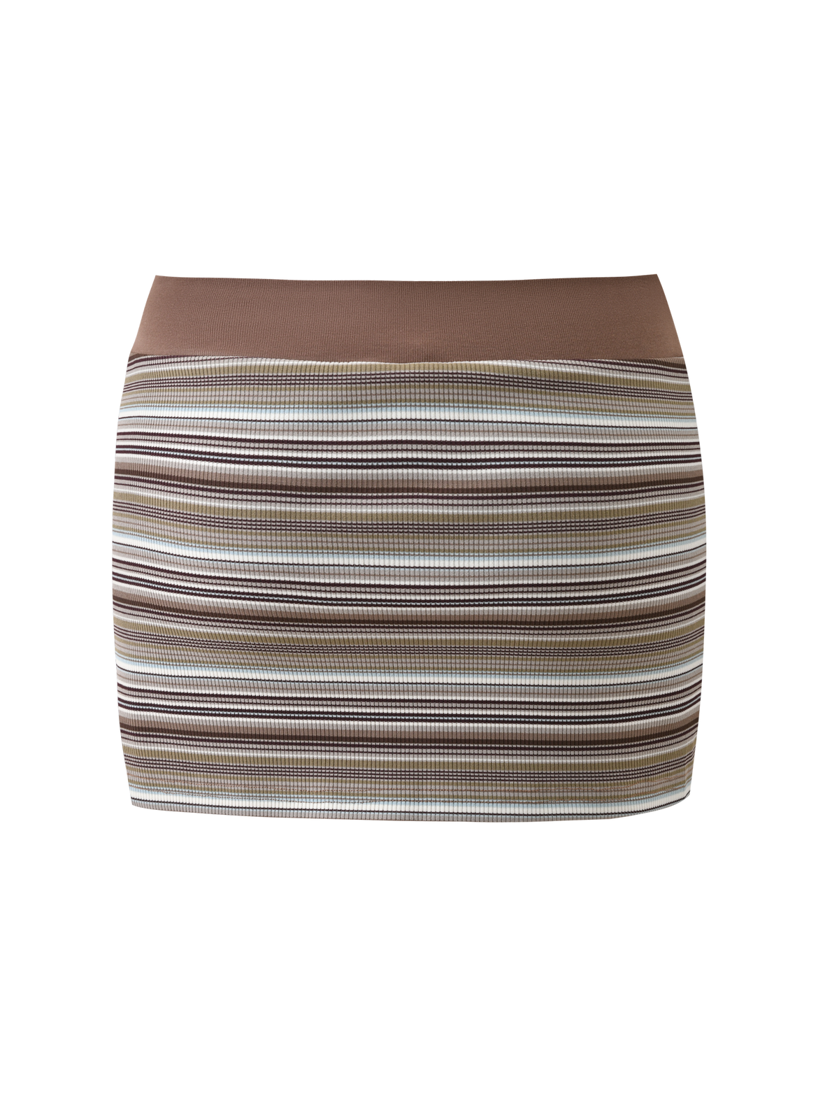 The TIGERMIST KAYDIN SKORT - MULTISTRIPE is a brown bodycon micro mini skort with horizontal ribbed stripes in brown, beige, and white and hidden mini shorts, shown against a white background.