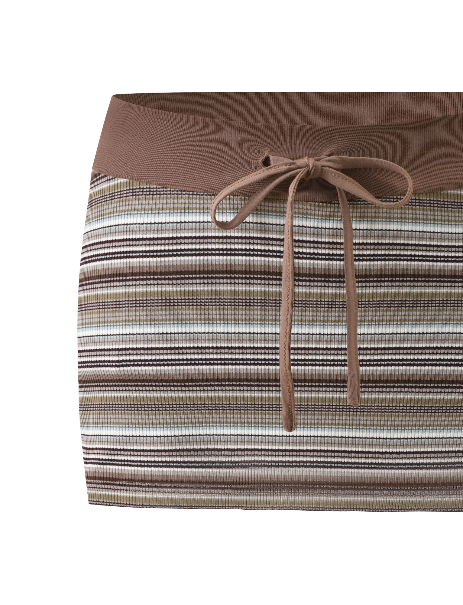 The KAYDIN SKORT - MULTISTRIPE by TIGERMIST is a bodycon micro mini skort with brown, green, blue, and cream ribbed stripes, a solid brown drawstring waistband, and hidden mini shorts for comfort.