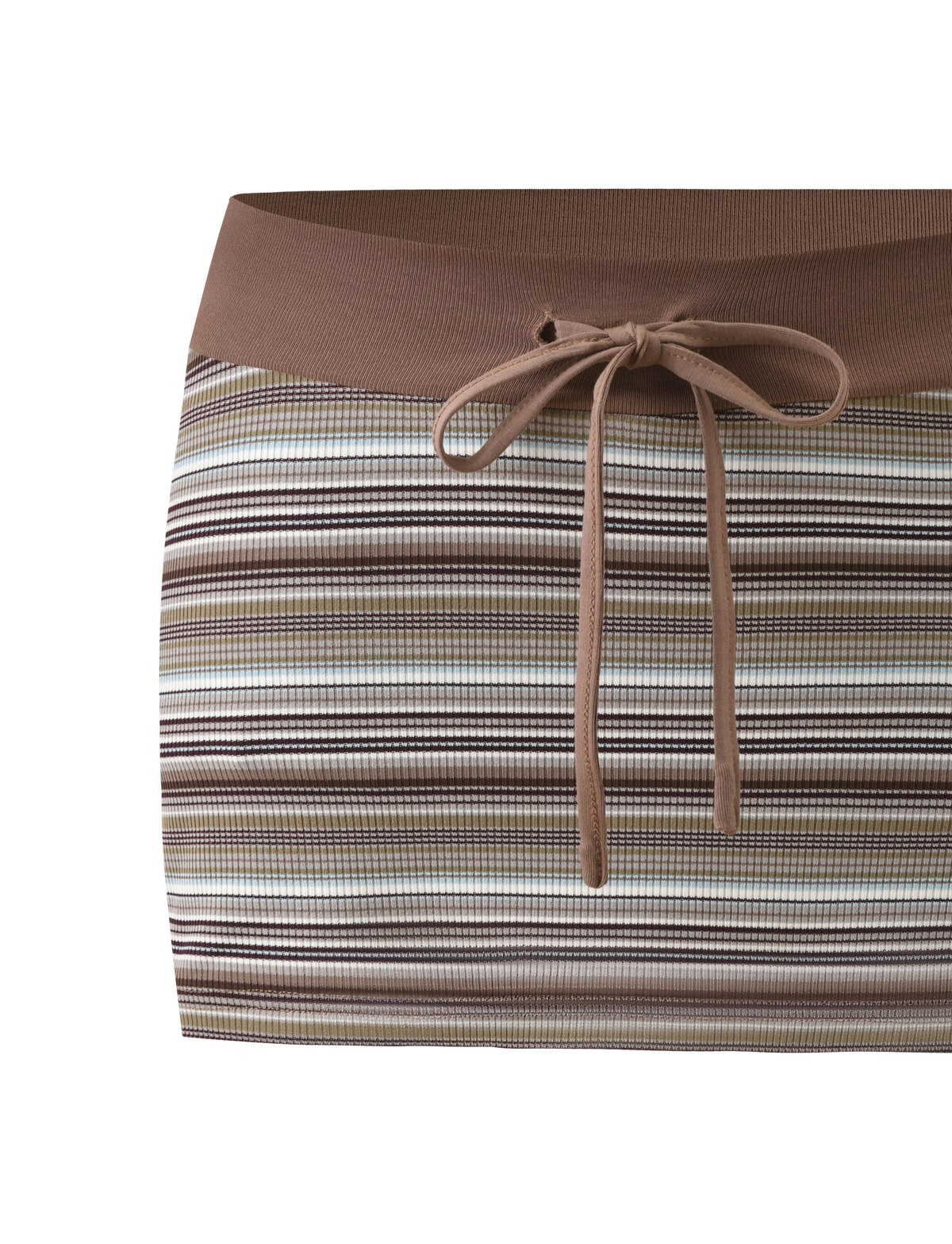 The KAYDIN SKORT - MULTISTRIPE by TIGERMIST is a bodycon micro mini skort with brown, green, blue, and cream ribbed stripes, a solid brown drawstring waistband, and hidden mini shorts for comfort.