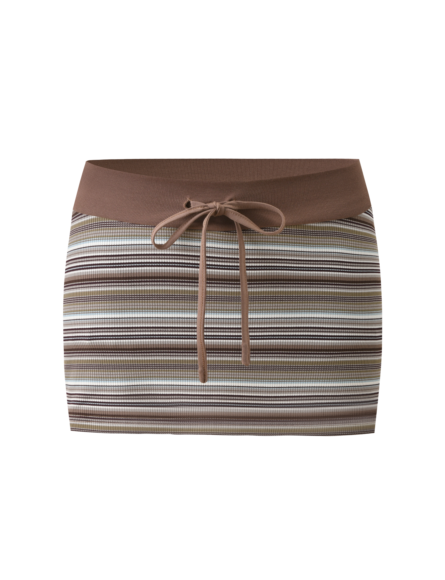 The KAYDIN SKORT - MULTISTRIPE by TIGERMIST is a rib knit bodycon micro mini skort featuring horizontal brown, beige, and white stripes, a solid brown waistband with front tie drawstring, and hidden shorts for comfort.