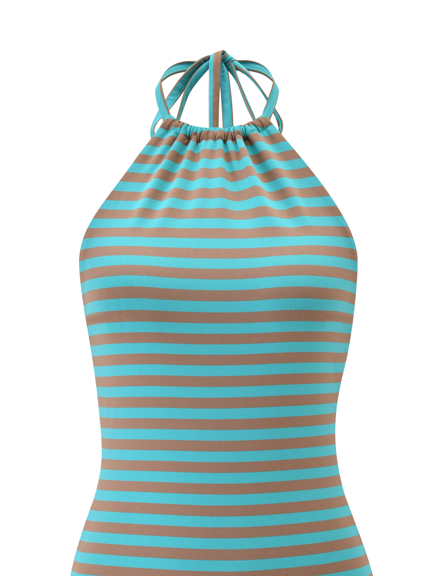The DILLON DRESS 2.0 - MUSHROOM AQUA STRIPE by TIGERMIST is a sleeveless halter-neck dress with teal and brown stripes, a gathered neckline, and a tie closure, inspired by the classic bodycon mini dress silhouette.
