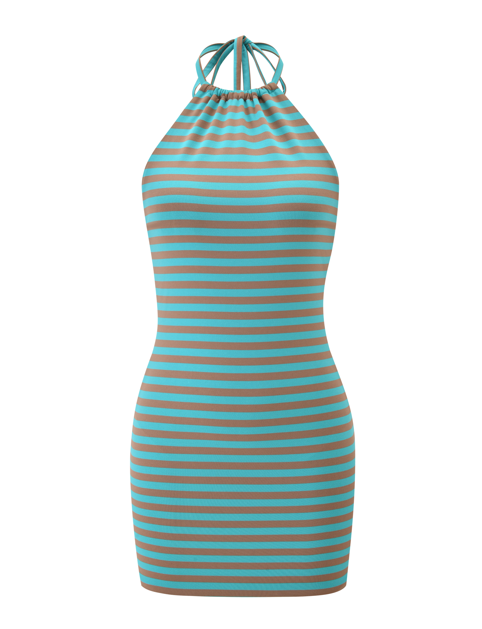 The DILLON DRESS 2.0 - MUSHROOM AQUA STRIPE by TIGERMIST is a sleeveless, fitted mini dress with a halter neckline, thin straps tied at the neck, and bold horizontal turquoise and brown stripes.