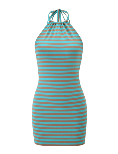 The DILLON DRESS 2.0 - MUSHROOM AQUA STRIPE by TIGERMIST is a sleeveless, fitted mini dress with a halter neckline, thin straps tied at the neck, and bold horizontal turquoise and brown stripes.