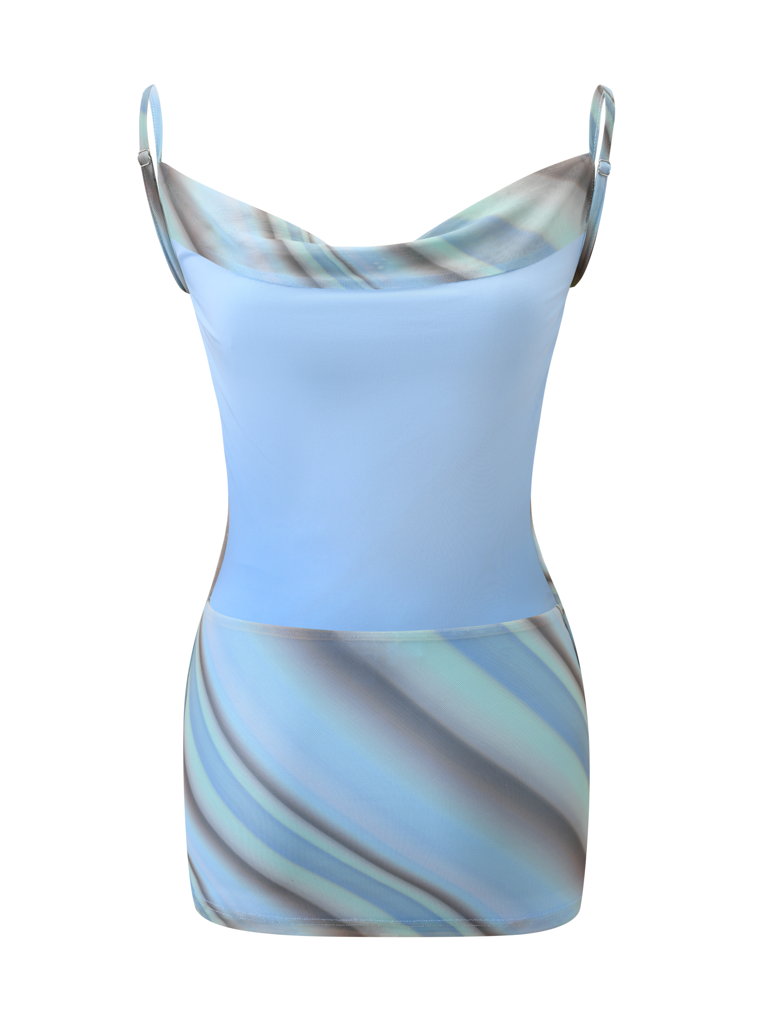The MORANA MESH MINI DRESS - MULTISTRIPE by TIGERMIST is a sleeveless, fitted mini dress with thin straps and a cowl neckline. Its backless, light blue bodice flows to a skirt edged with abstract blue, grey, and beige stripes.