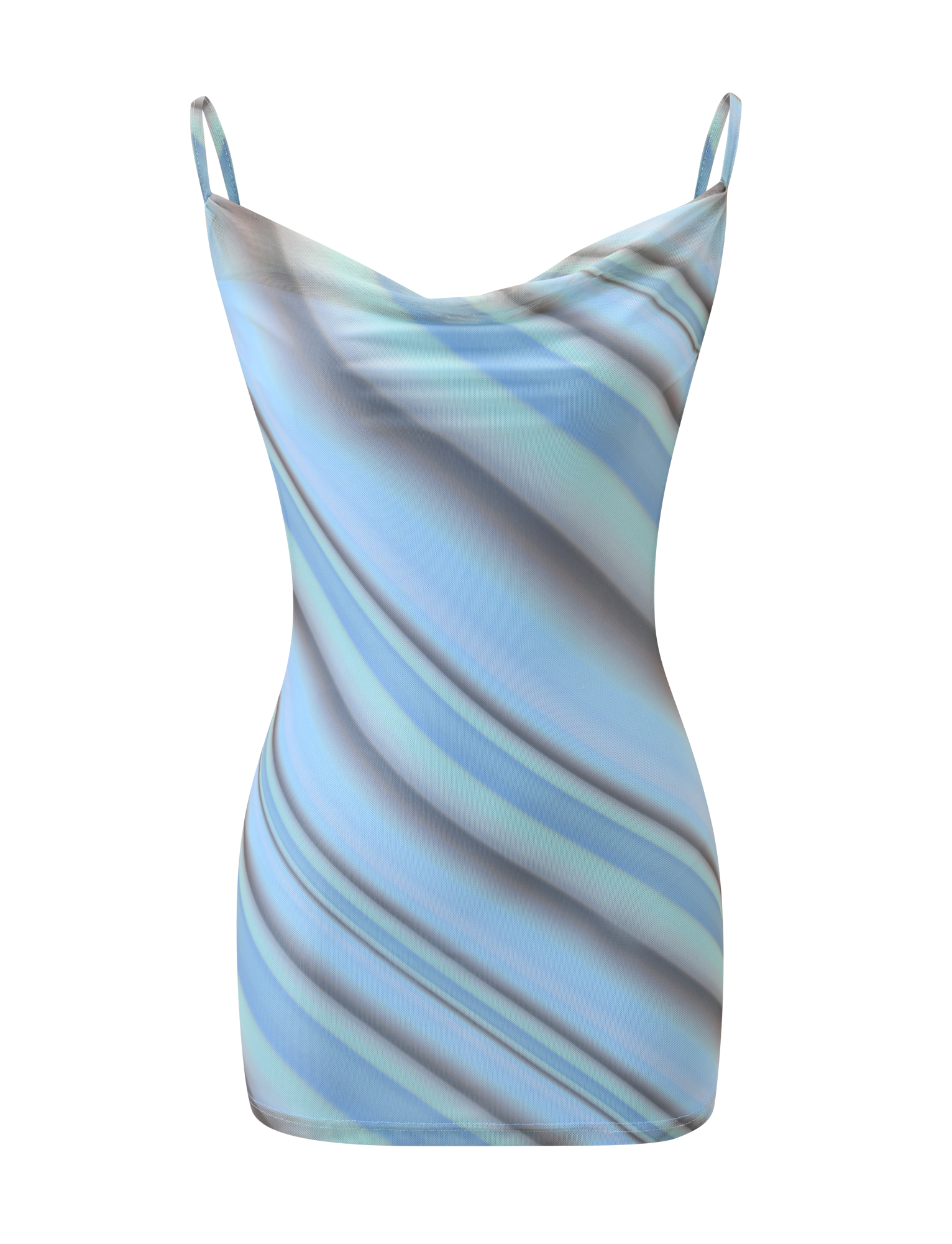 The MORANA MESH MINI DRESS - MULTISTRIPE by TIGERMIST is a sleeveless, form-fitting mini dress with thin straps, a wavy blue, turquoise, and gray striped pattern, cowl neckline, backless design, and modern style.