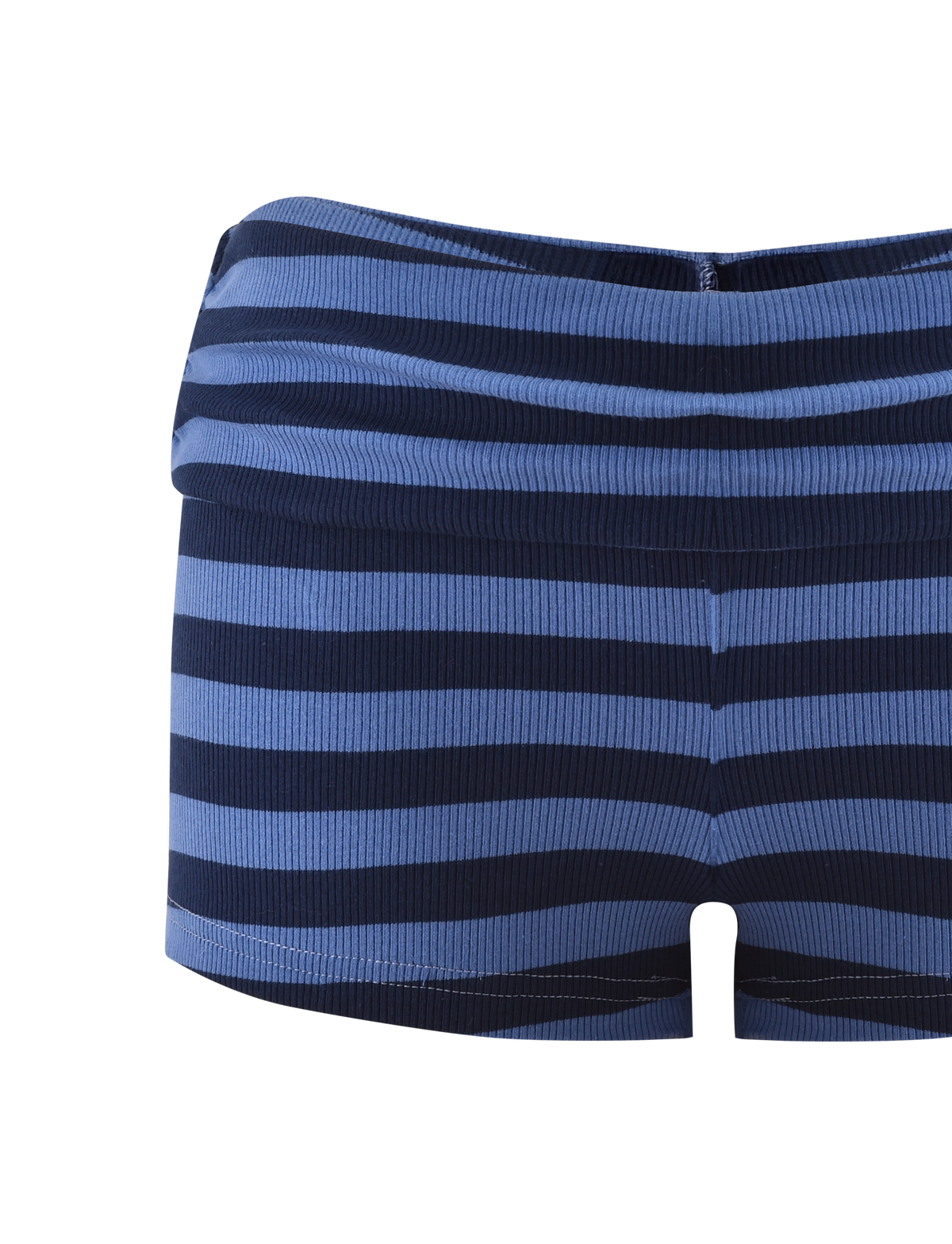 The CERYS RIB SHORT - BLUE NAVY STRIPE by TIGERMIST features blue and navy stripes, a ribbed knit, foldover waistband, and super mini short length, shown against a plain white background.