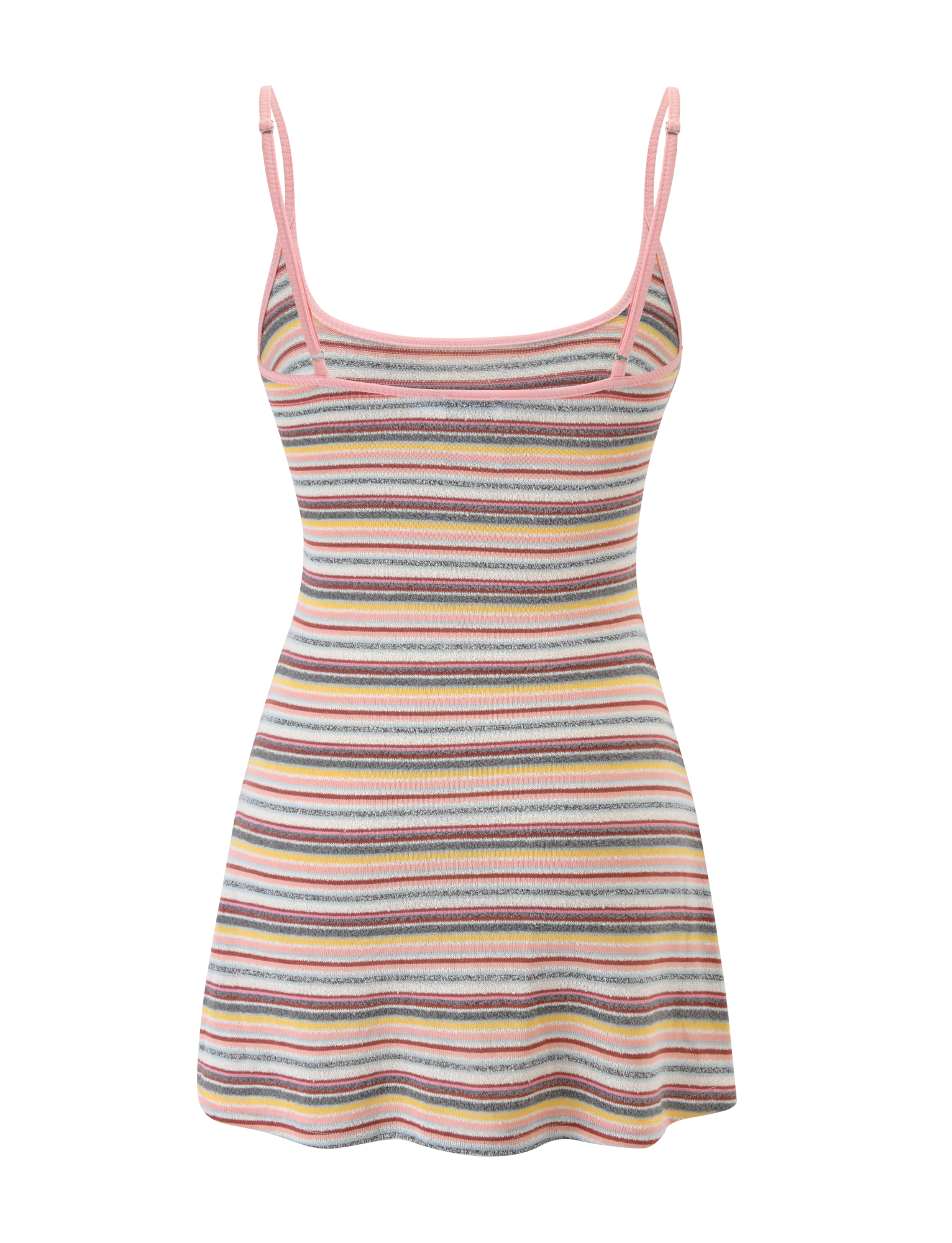The TIGERMIST CELESTE MINI DRESS - MULTISTRIPE is a sleeveless, fitted mini dress with a belt, adjustable straps, scoop neckline, and a pastel-hued horizontal stripe pattern—pink, yellow, green, blue, and gray—on white.