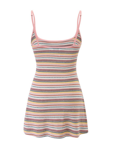 The TIGERMIST CELESTE MINI DRESS - MULTISTRIPE is a sleeveless, fitted mini dress with a belt, adjustable straps, scoop neckline, and a pastel-hued horizontal stripe pattern—pink, yellow, green, blue, and gray—on white.