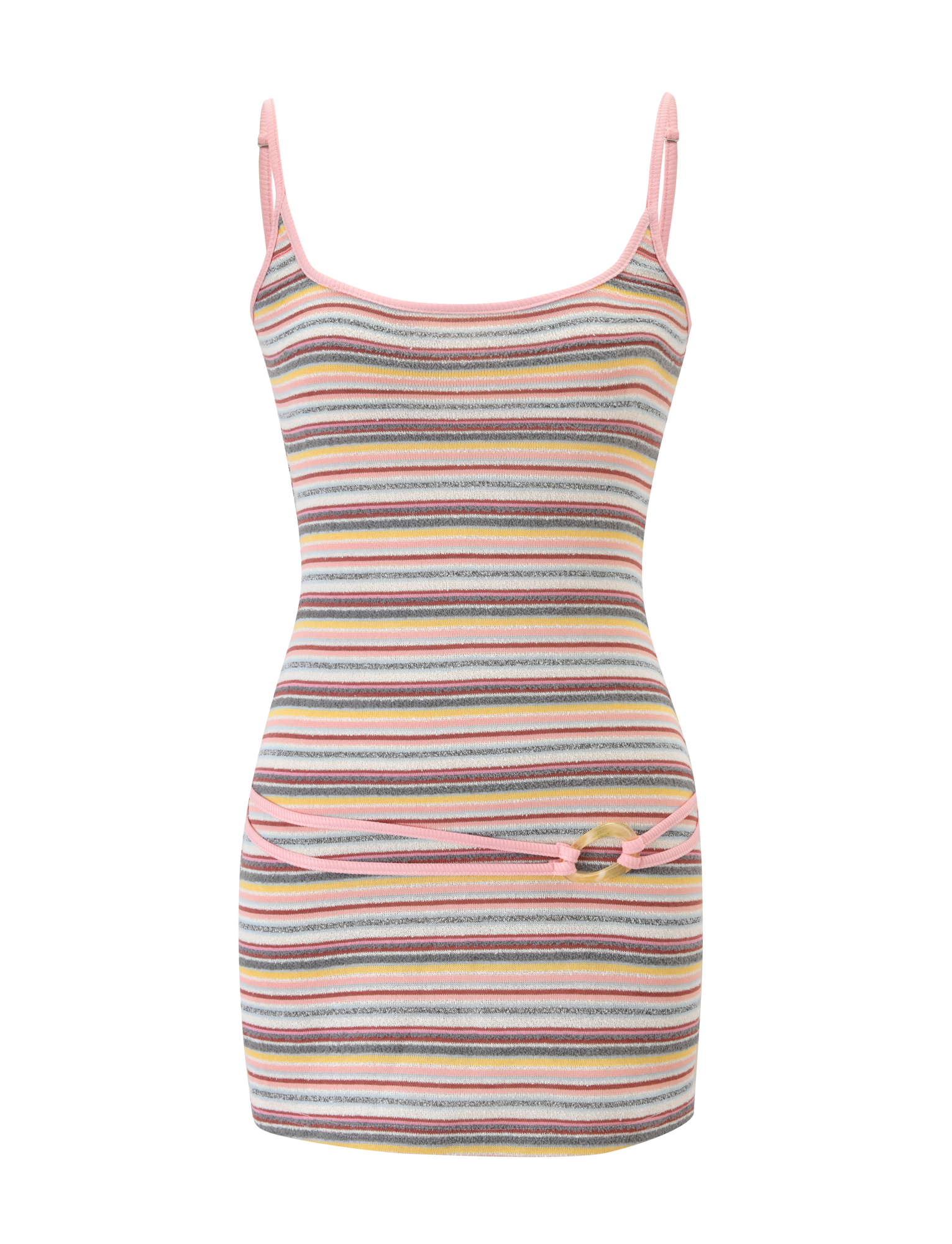 The TIGERMIST CELESTE MINI DRESS - MULTISTRIPE is a sleeveless, fitted mini dress with adjustable shoulder straps, multicolour stripes, a pink trim, and a matching thin belt at the waist.
