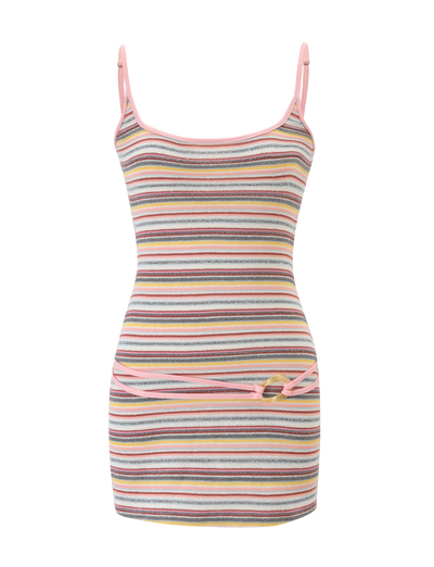 The TIGERMIST CELESTE MINI DRESS - MULTISTRIPE is a sleeveless, fitted mini dress with adjustable shoulder straps, multicolour stripes, a pink trim, and a matching thin belt at the waist.