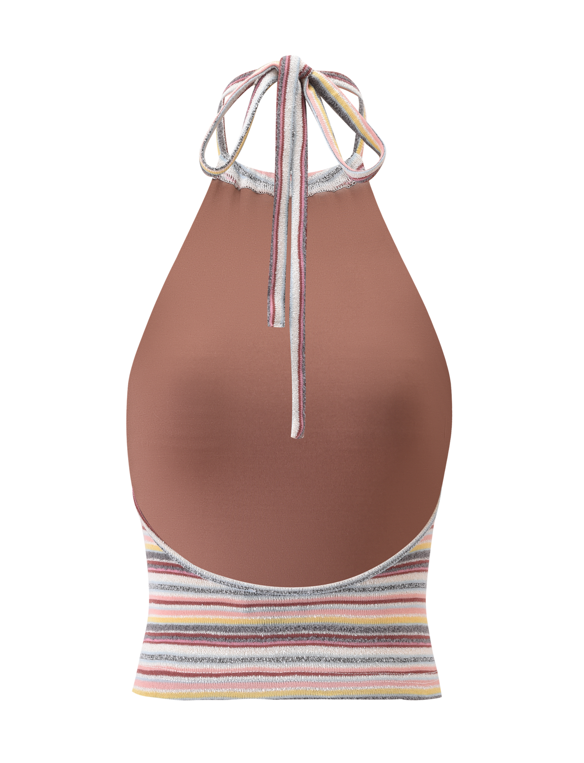 The TIGERMIST DILLON TOP - MULTISTRIPE is a chic halter with a solid brown upper, multicolour striped band at the hem, and thin neck-tied straps for a stylish, high-neck look.