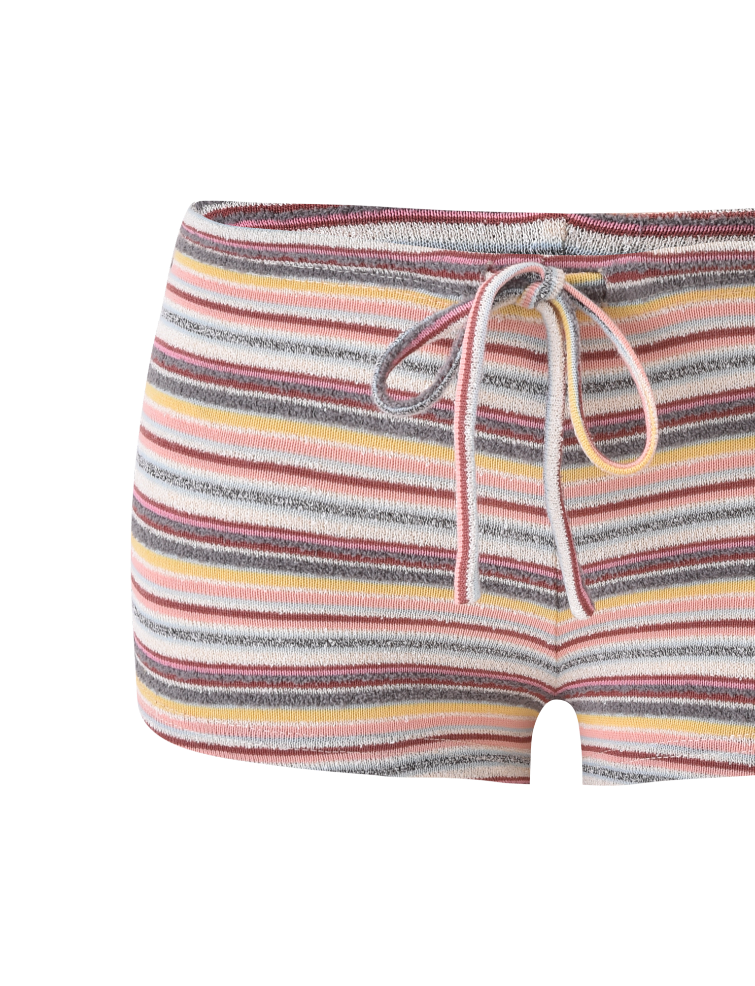 The TIGERMIST DILLON SHORT - MULTISTRIPE features a soft knit fabric with pink, yellow, gray, and white stripes, a relaxed fit, and a drawstring waistband. Shown on a plain white background, these shorts are perfect for everyday comfort.