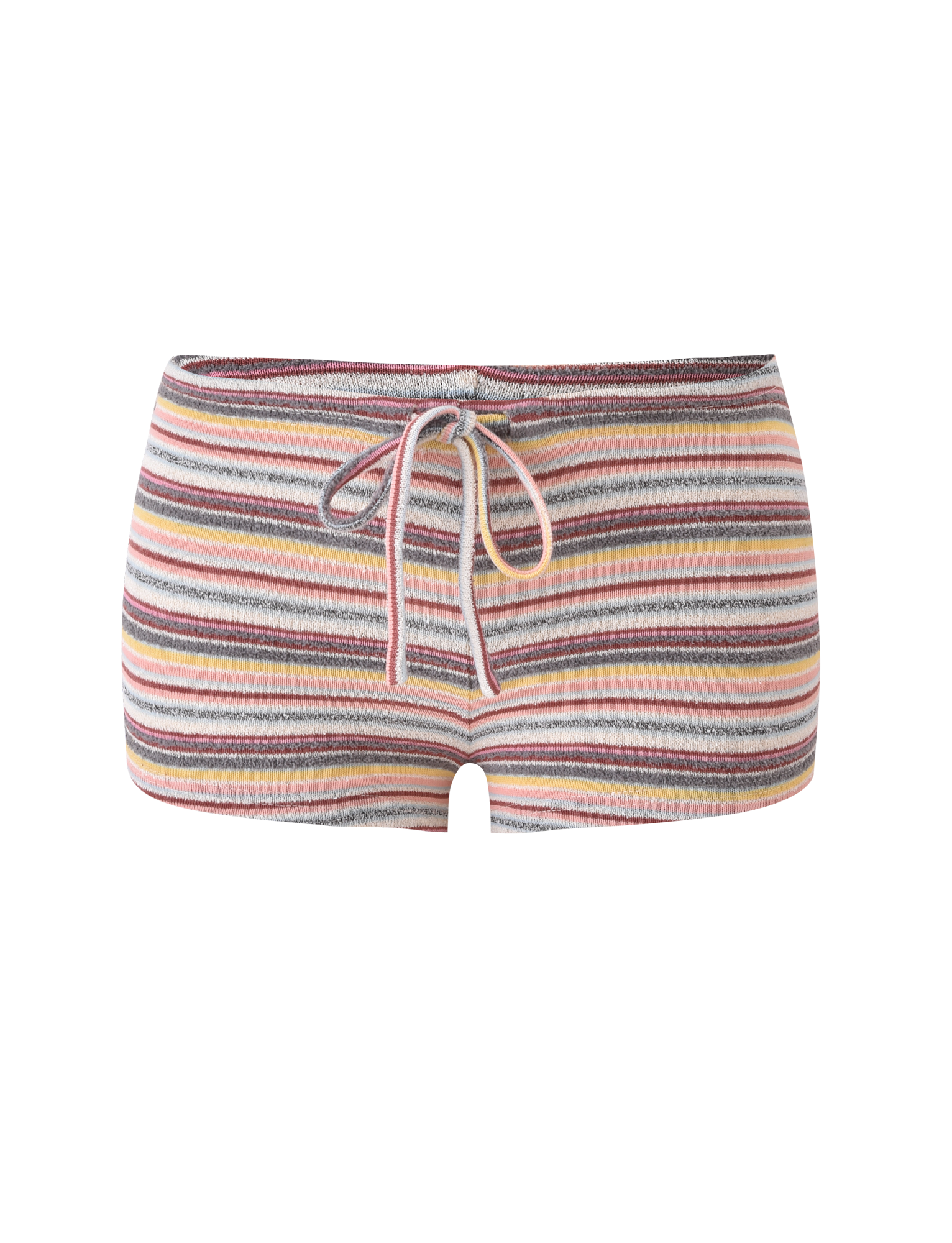 The TIGERMIST DILLON SHORT - MULTISTRIPE features comfy everyday wear with a drawstring waistband and horizontal pink, yellow, gray, white, and orange stripes, shown on a plain white background.