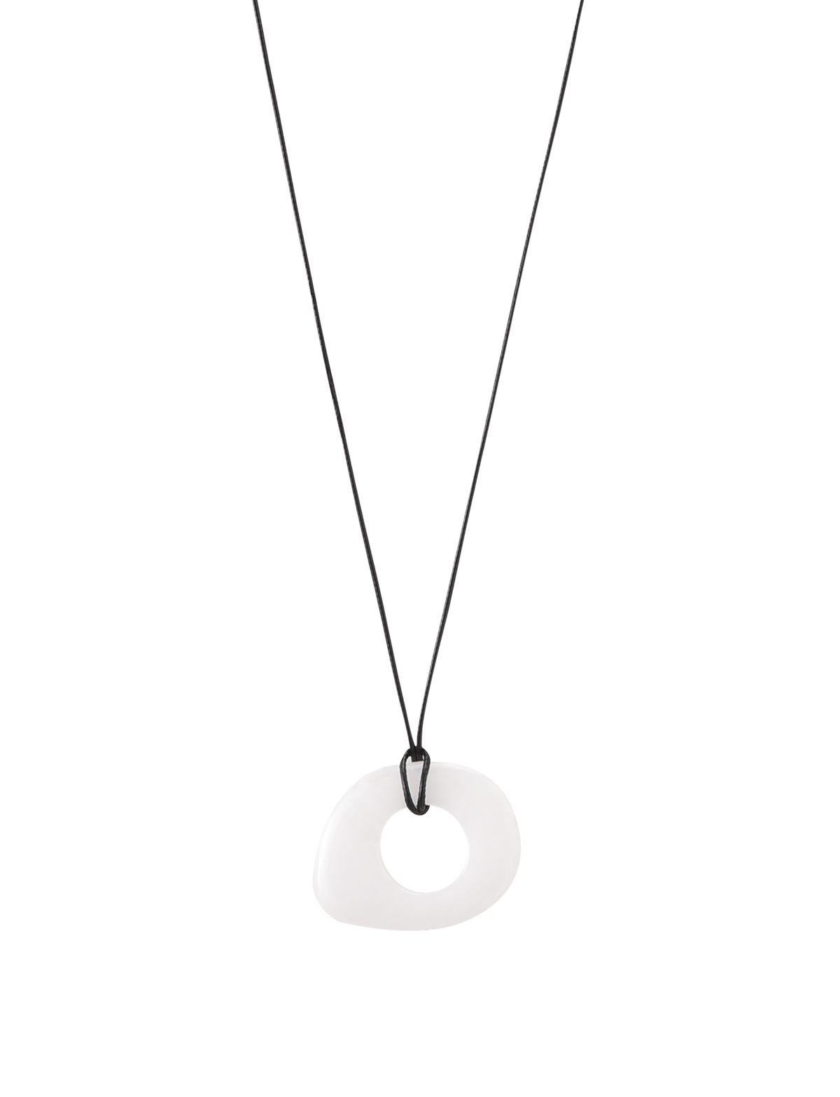 The TIGERMIST AMYRA PENDANT NECKLACE - WHITE features a minimalist design with a black adjustable cord and an irregular white donut-shaped pendant, shown on a plain white background.