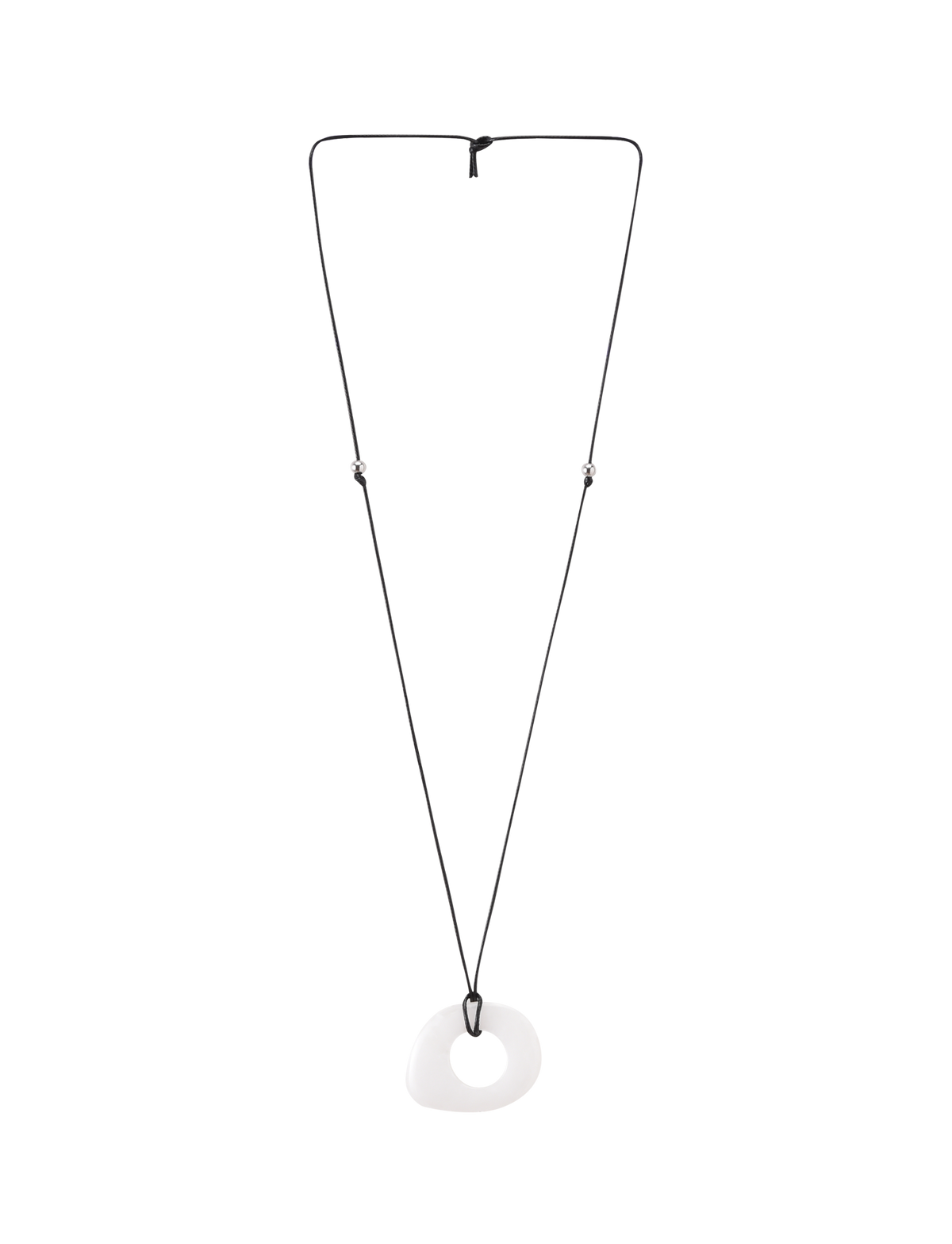 The TIGERMIST AMYRA PENDANT NECKLACE - WHITE features a minimalist adjustable black cord with a smooth, irregular white pendant at the center, drawing attention to its unique design against a plain background.