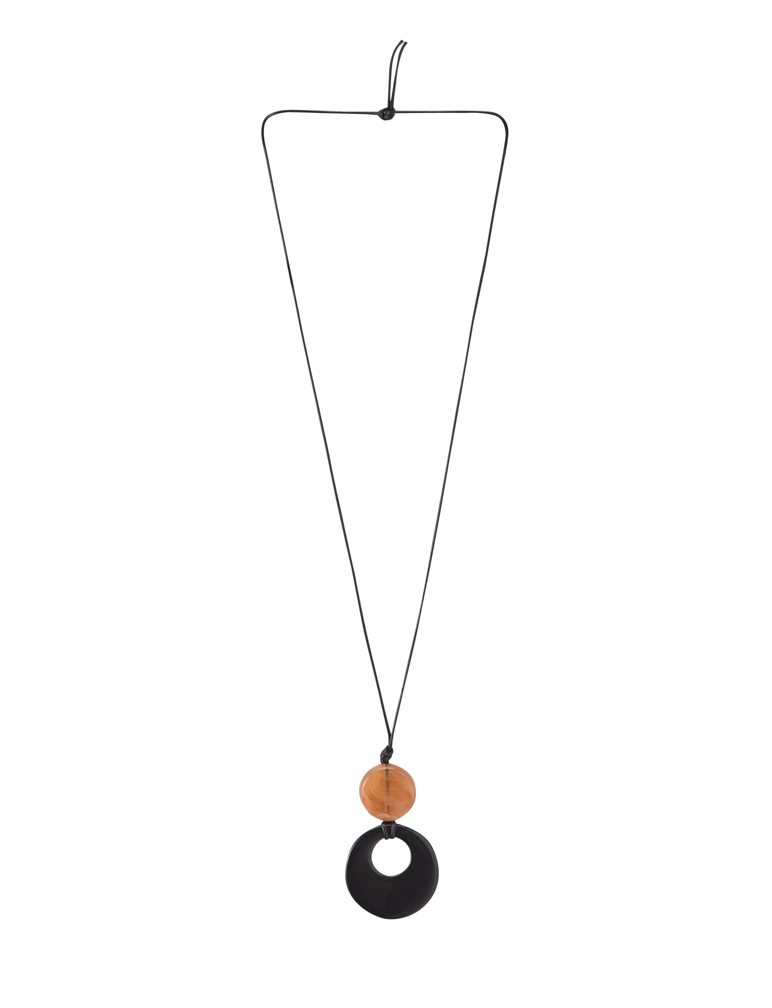 The BREYA PENDANT NECKLACE - TAN by TIGERMIST features a minimalist design with a thin black cord, a central round flat black resin pendant, and an oval wooden bead above it.