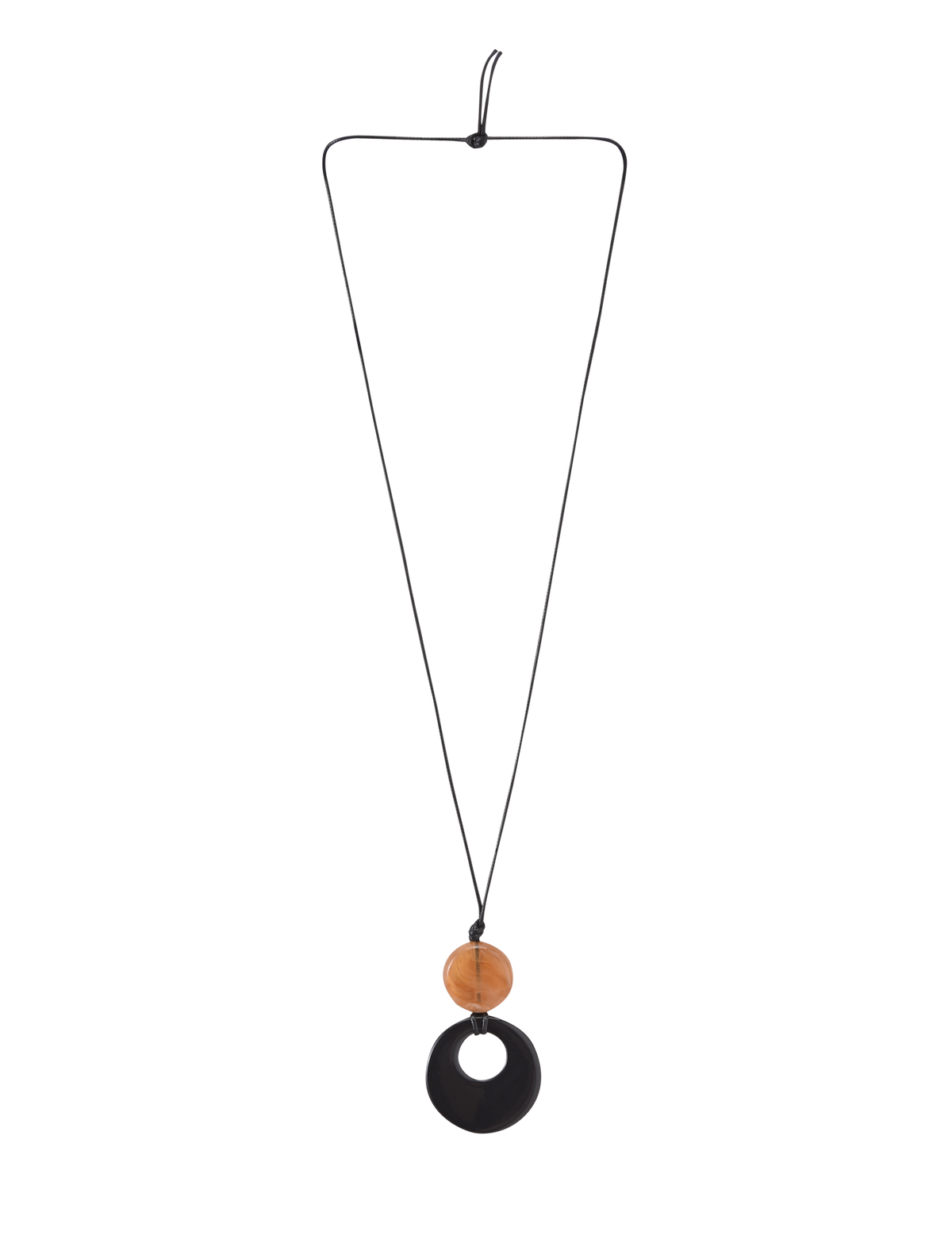 The BREYA PENDANT NECKLACE - TAN by TIGERMIST features a minimalist design with a thin black cord, a central round flat black resin pendant, and an oval wooden bead above it.