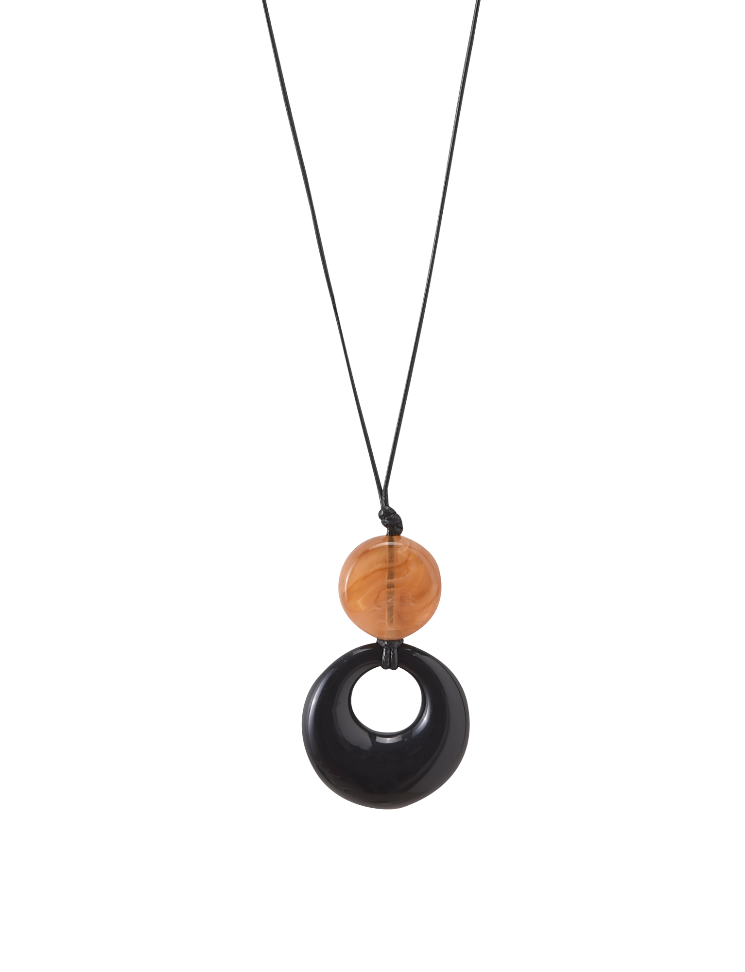 The TIGERMIST BREYA PENDANT NECKLACE - TAN features a minimalist black cord with a tortoiseshell bead and a circular black resin pendant with a central hole, displayed against a plain white background.