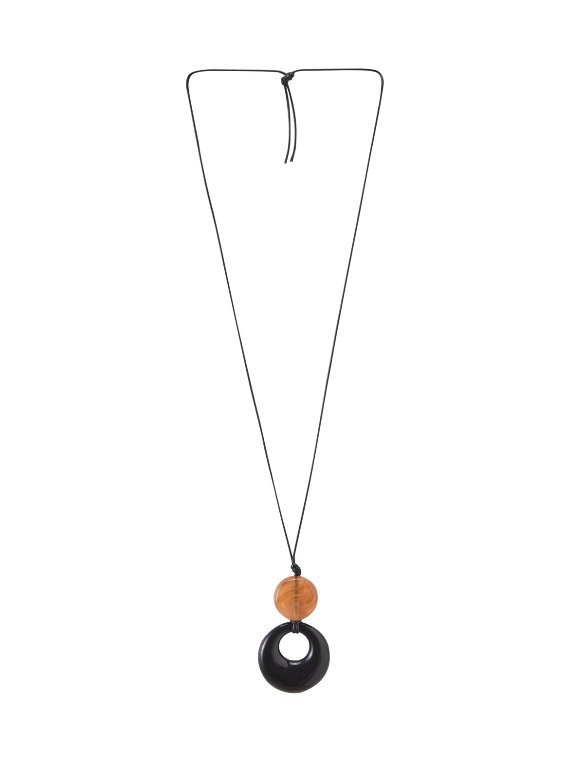 The BREYA PENDANT NECKLACE - TAN by TIGERMIST features a minimalist design with a round tortoiseshell bead above a larger black resin pendant, both elegantly hanging from a slim black cord.