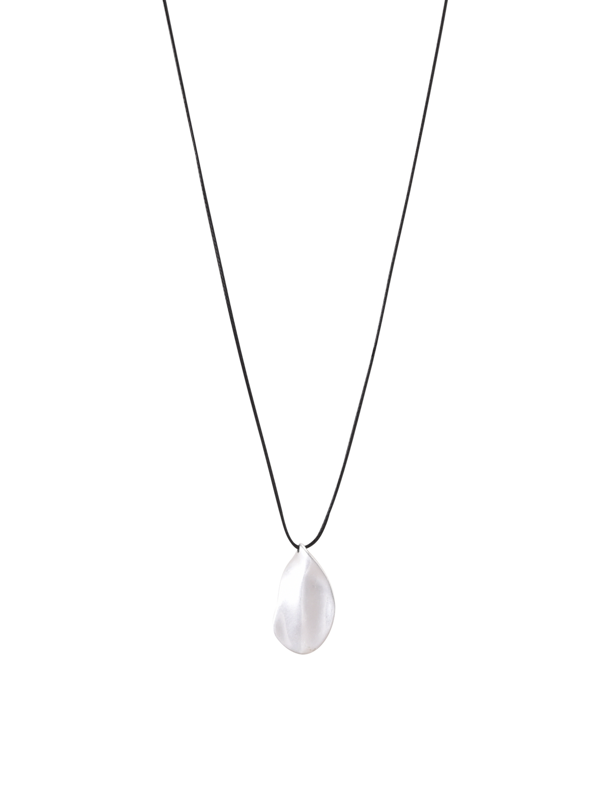 The TIGERMIST ERRIS PENDANT NECKLACE - CREAM features a minimalist design with a thin black cord and an irregular silver leaf pendant at the center, offering adjustable effortless elegance for any style—perfect against a plain white background.
