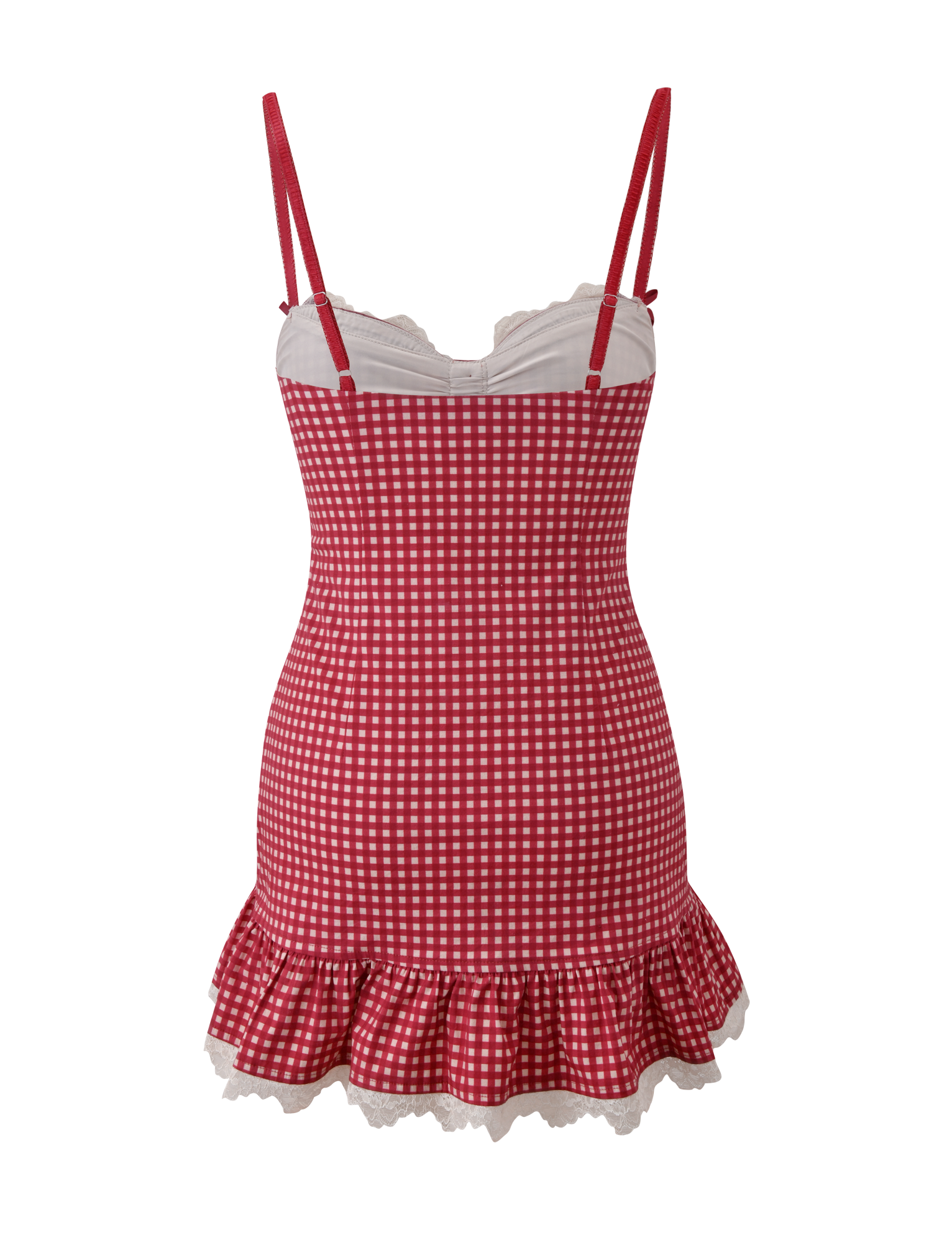 The EMMALINE MINI DRESS by TIGERMIST features a red gingham print, spaghetti straps, a fitted bodice, drop waist, and a ruffled hem trimmed with white lace for a playful vintage-inspired look.