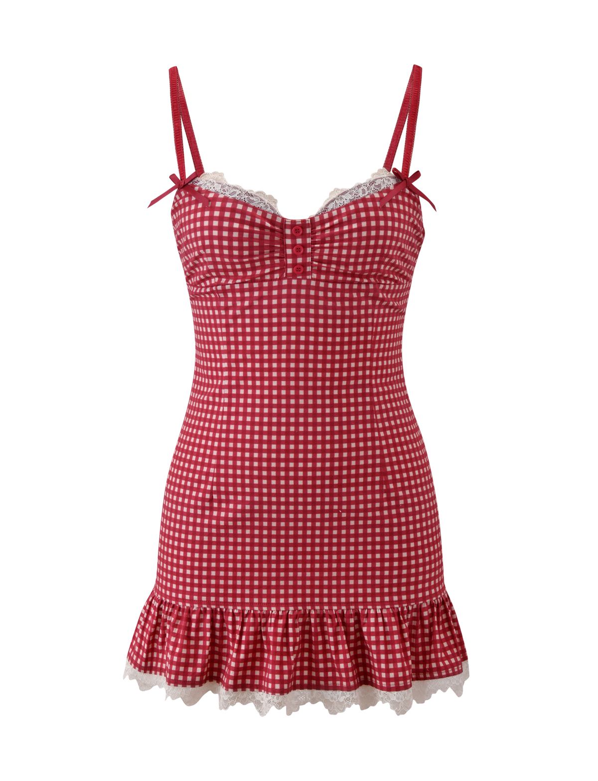 The EMMALINE MINI DRESS by TIGERMIST features a red gingham print, sleeveless design, lace-trimmed neckline and hem, thin bowed straps, and a ruffled bottom for a charming look.
