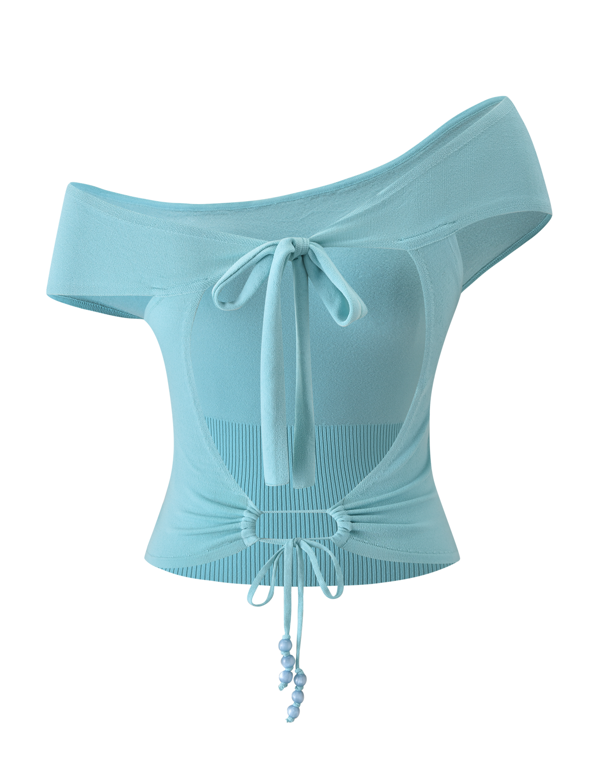 The JASMINA KNIT TOP - BLUE by TIGERMIST is a light blue off-shoulder knit top with a front chest tie, adjustable beaded drawstring waist, and ribbed plus smooth fabric panels for texture.