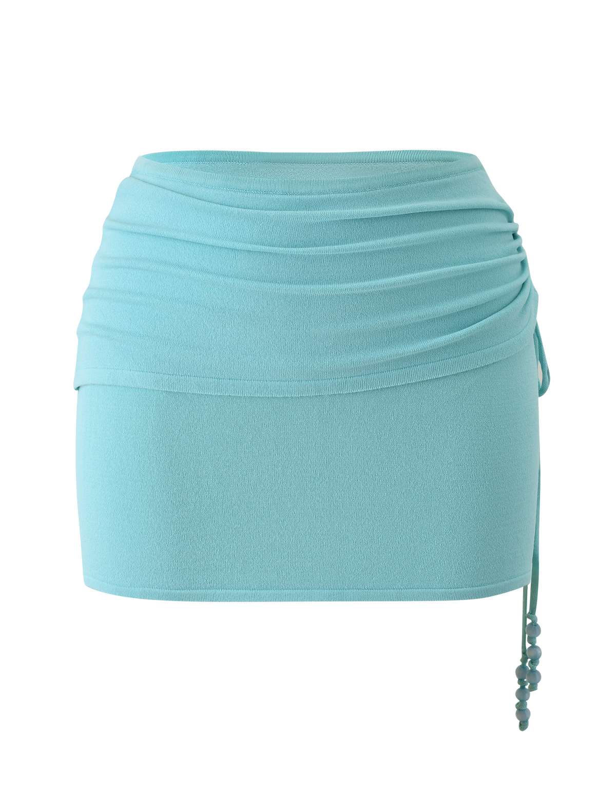 The JASMINA KNIT MINI SKIRT - BLUE by TIGERMIST features a ruched waistband and a beaded side drawstring, shown against a plain white background.