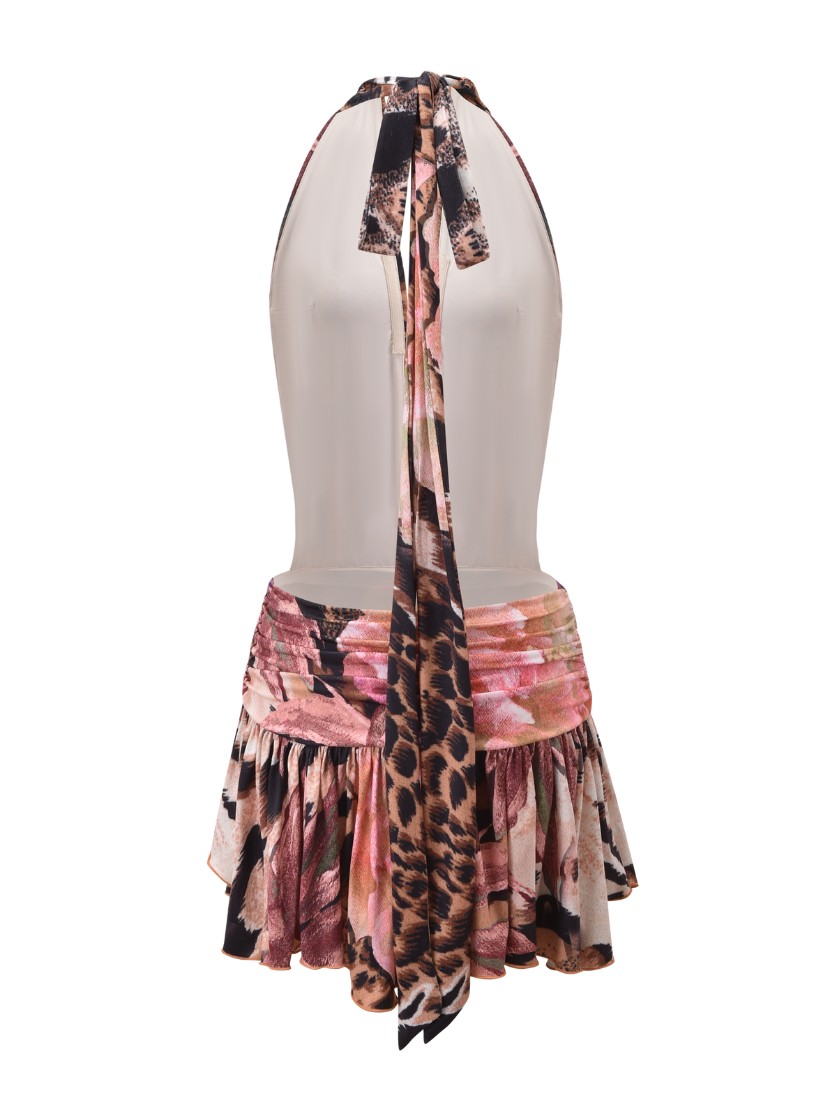 The TIGERMIST INDI Halter Scarf Dress in Animalier Floral features a pink, brown, and black mixed floral animal print with a back tie and ruffled flared skirt, shown on a clear mannequin against a white background.