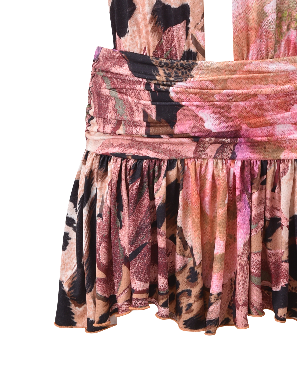 A close-up of the ruffled skirt on the TIGERMIST INDI HALTER SCARF DRESS - ANIMALIER FLORAL, showcasing pink, brown, and black floral animal prints on a white background.
