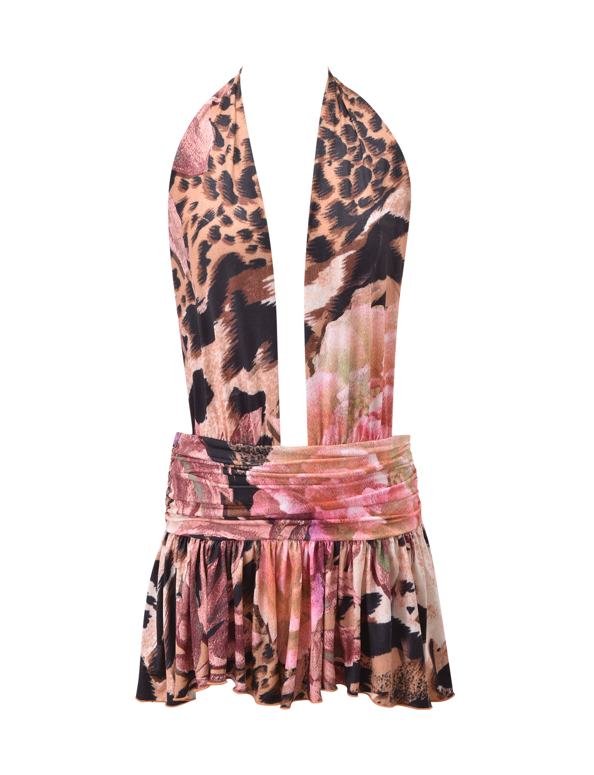The INDI HALTER SCARF DRESS - ANIMALIER FLORAL by TIGERMIST is a sleeveless halter dress in brown, pink, and black with a deep V-neck, ruched waistband, and ruffled skirt for a chic, playful style.