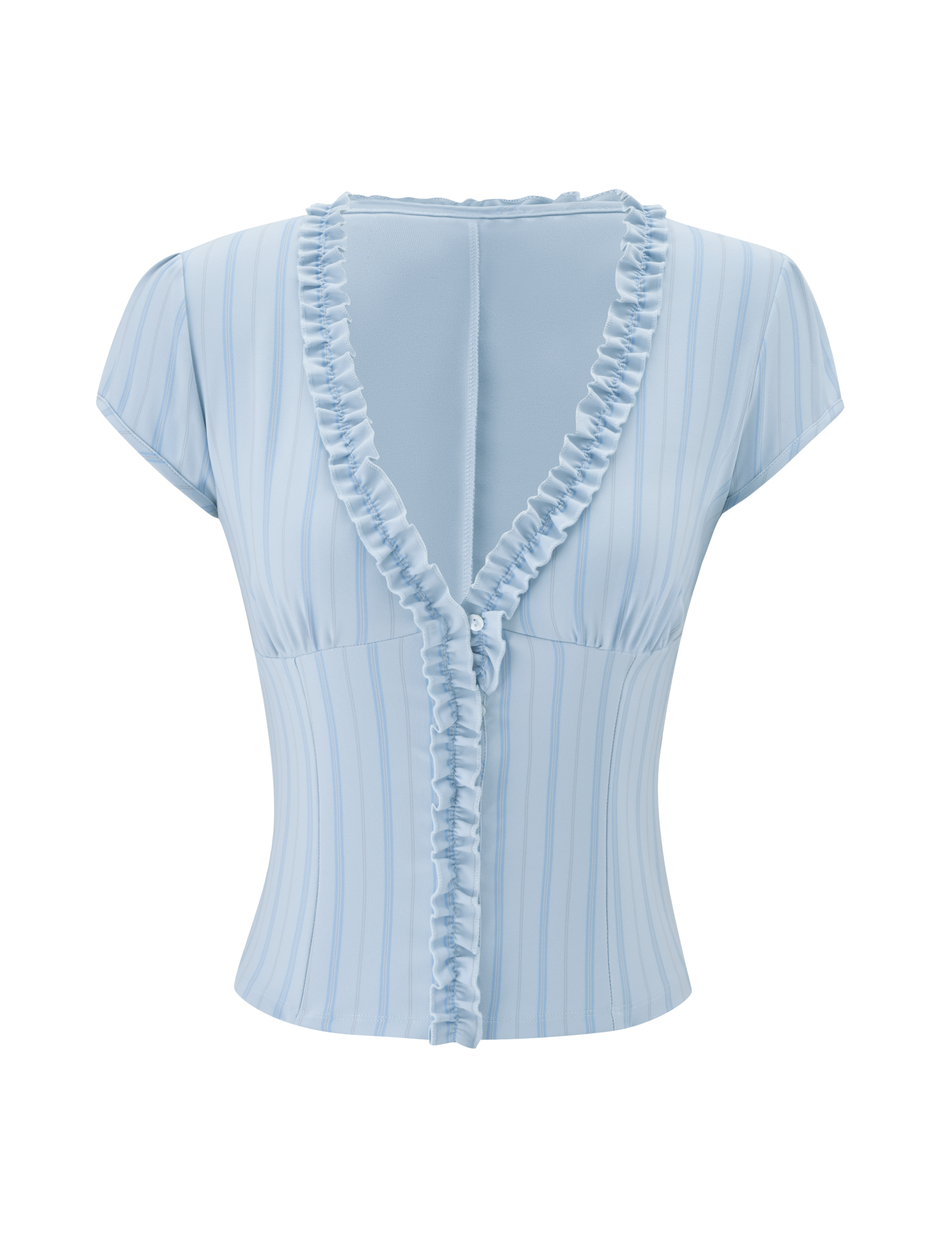 The VALERIE RUFFLE TOP - BLUE STRIPE by TIGERMIST features a light blue pinstripe, v-neckline, short sleeves, ruffled trim along the neckline and center front, and shell buttons, shown on a plain white background.