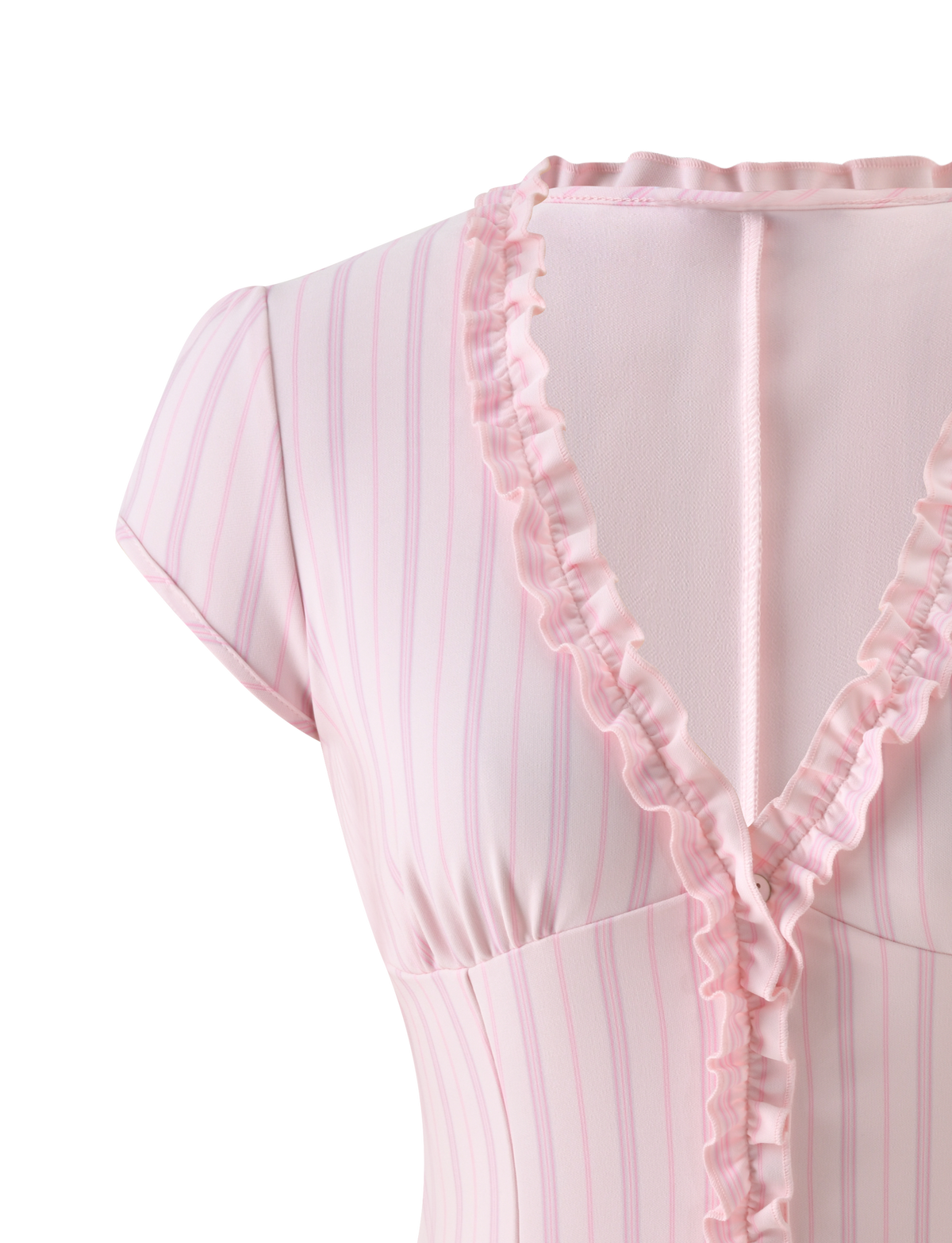 Tiger Mist Valerie Ruffle Top in Pink Pinstripe, detail view
