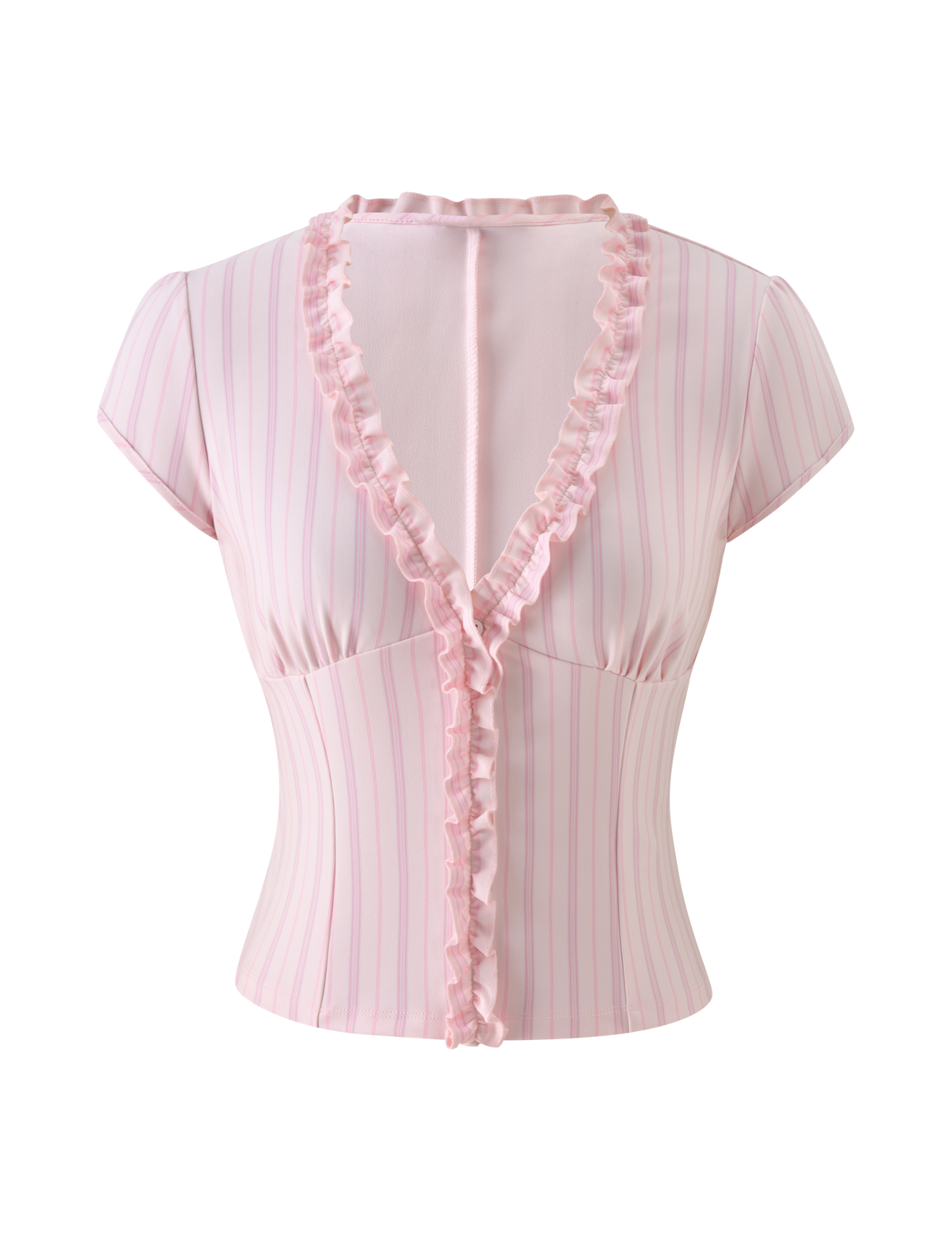 Tiger Mist Valerie Ruffle Top in Pink Pinstripe, front view
