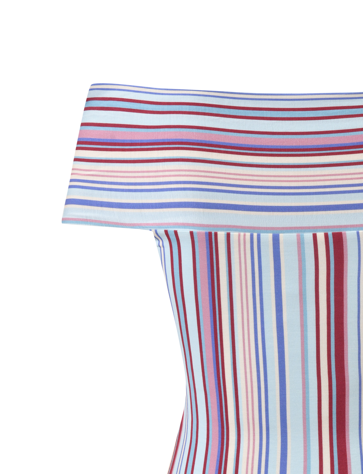 Close-up of the TIGERMIST HAZE TWIST TOP - VARIEGATED STRIPE, featuring multicolored blue, red, pink, and white stripes on a light background—ideal for pairing as a matching set.