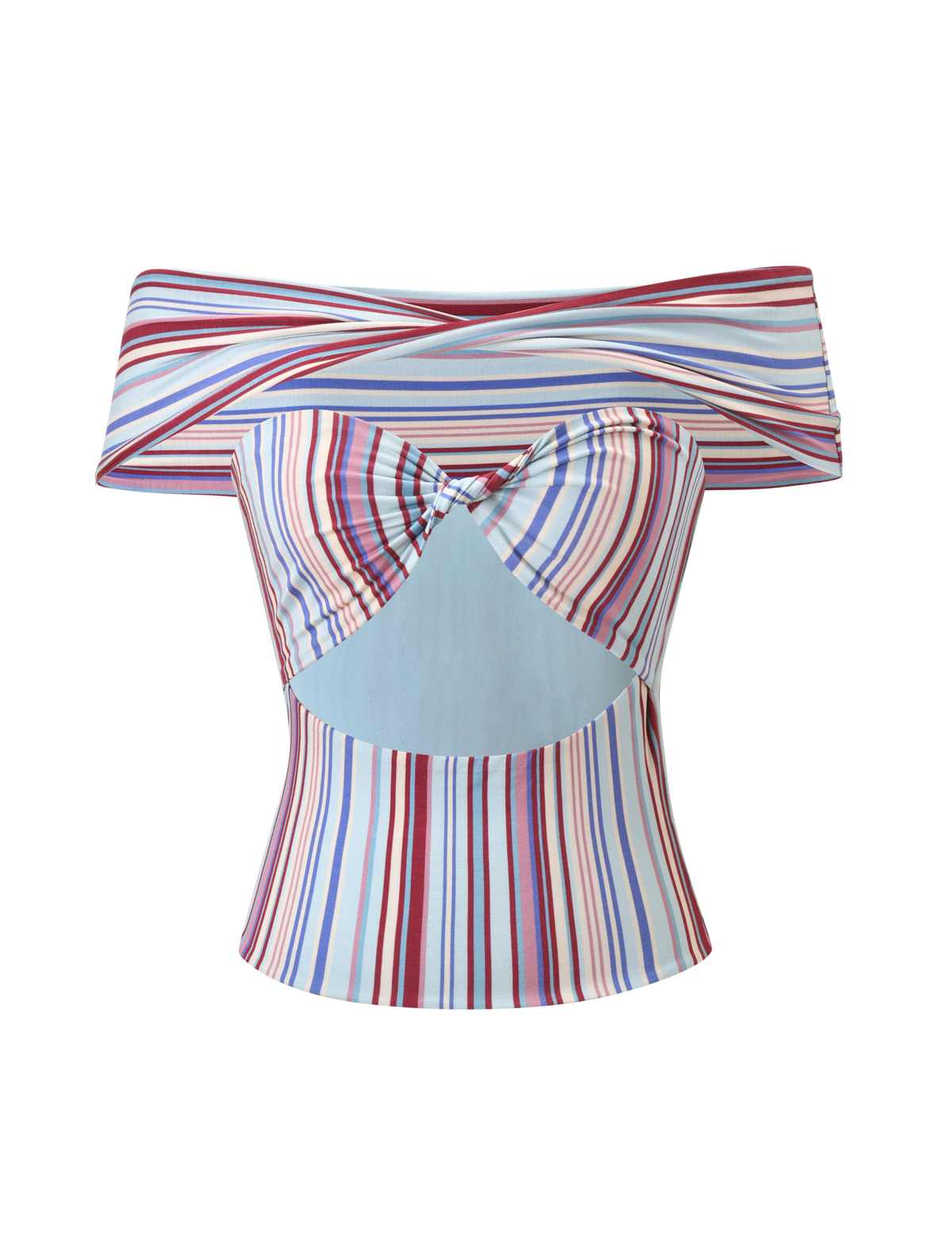 The HAZE TWIST TOP - VARIEGATED STRIPE by TIGERMIST features an off-the-shoulder, fitted silhouette with blue, red, and purple stripes, a twisted front, and a cut-out below the bust—ideal for matching sets.