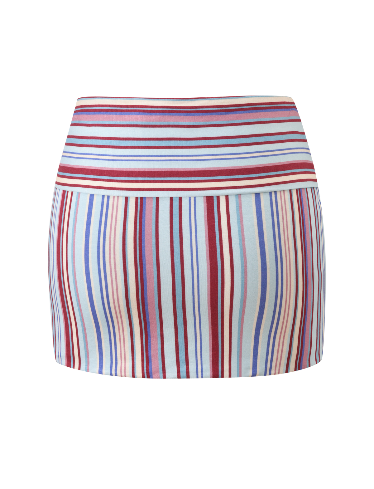 The TIGERMIST HAZE TWIST SKIRT - VARIEGATED STRIPE is a fitted mini skirt featuring red, blue, purple, and beige horizontal and vertical stripes on white, shown against a plain white background.