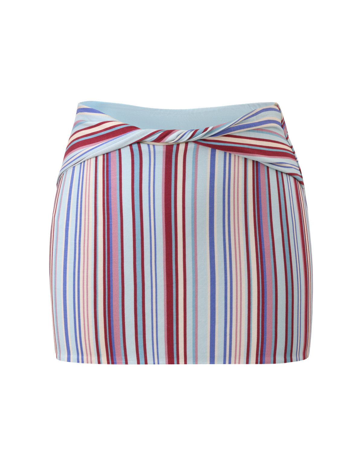 The TIGERMIST HAZE TWIST SKIRT - VARIEGATED STRIPE is a fitted mini skirt with a crossover waistband and vertical stripes in blue, red, white, and beige on light blue—ideal for creating a matching set.
