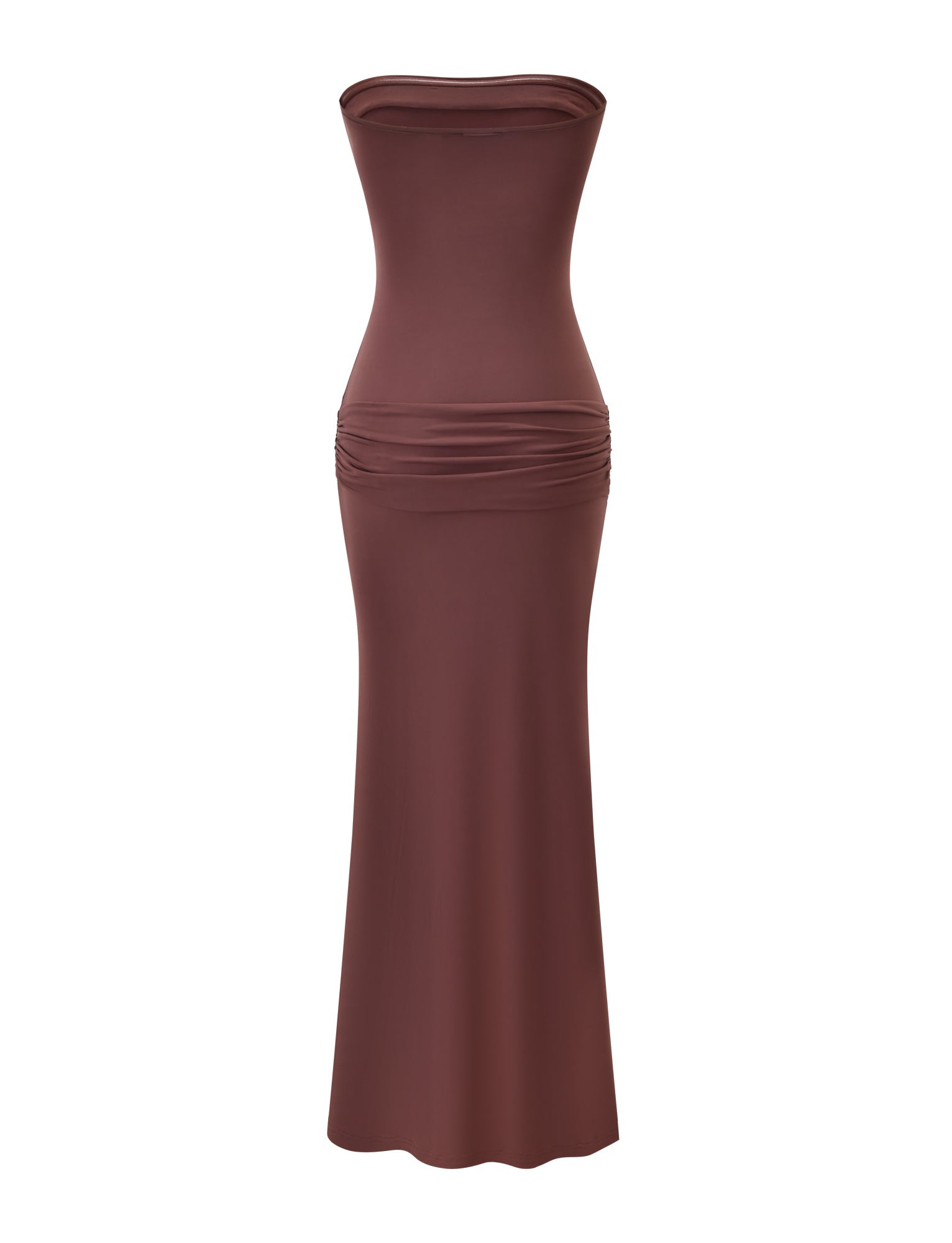 The EOS SEQUIN TUBE MAXI DRESS by TIGERMIST features a strapless, floor-length design in cinnamon chocolate with a fitted bodice, ruched hip detailing, and a sleek column silhouette.