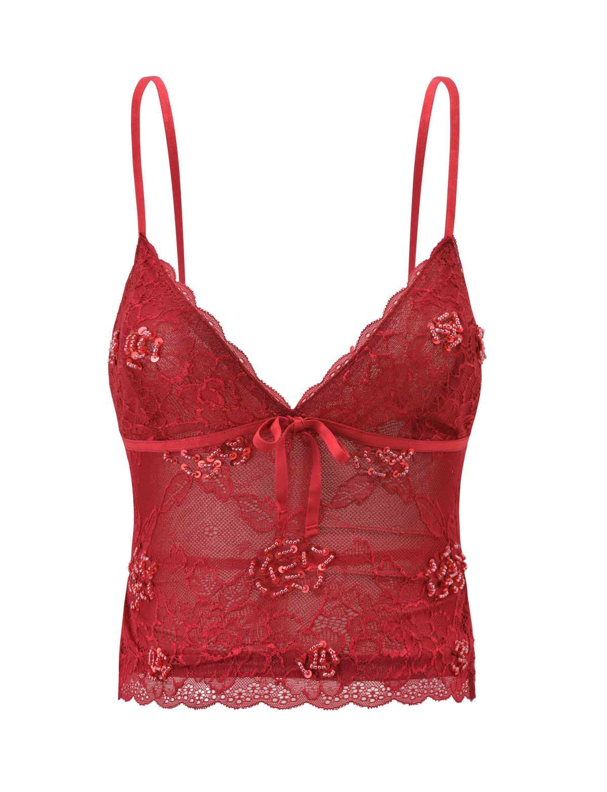 The TIGERMIST KIRRA BEADED SEQUIN LACE TOP - RED features sheer floral lace, thin adjustable straps, a deep V-neckline with a center bow, and intricate beaded sequin detailing for an elegant, delicate look.