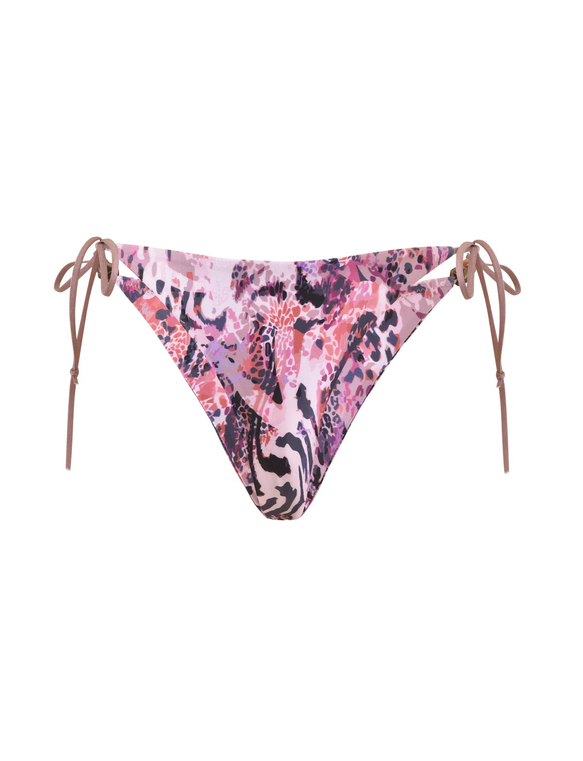 The FINLEA BIKINI BOTTOM 2.0 - PURPLE ANIMAL SWIRL by TIGERMIST is a pink and purple animal print bikini bottom with a cheeky fit and adjustable brown side ties, shown against a white background.