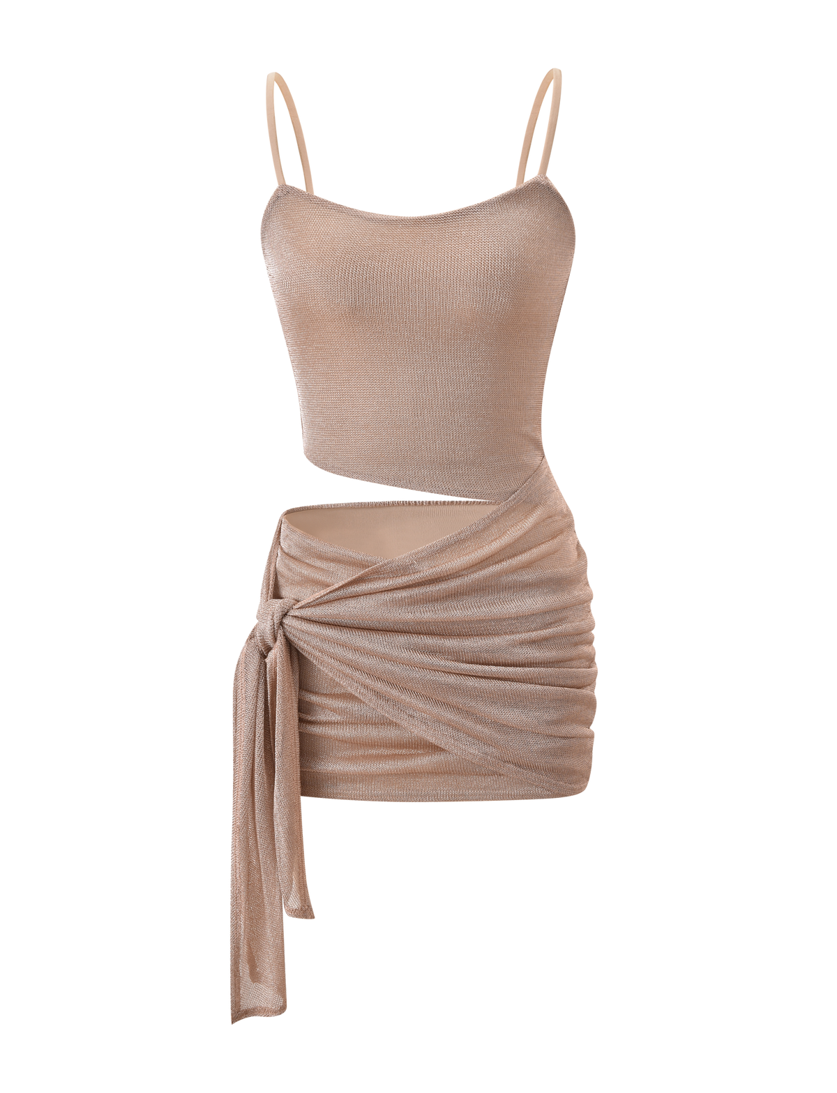 The TIGERMIST AZELMA DRESS 2.0 - GOLD is a shimmery beige-gold mini dress with adjustable spaghetti straps, fitted top, asymmetrical waist cutout, ruched skirt, and a draped sash tie on one side.