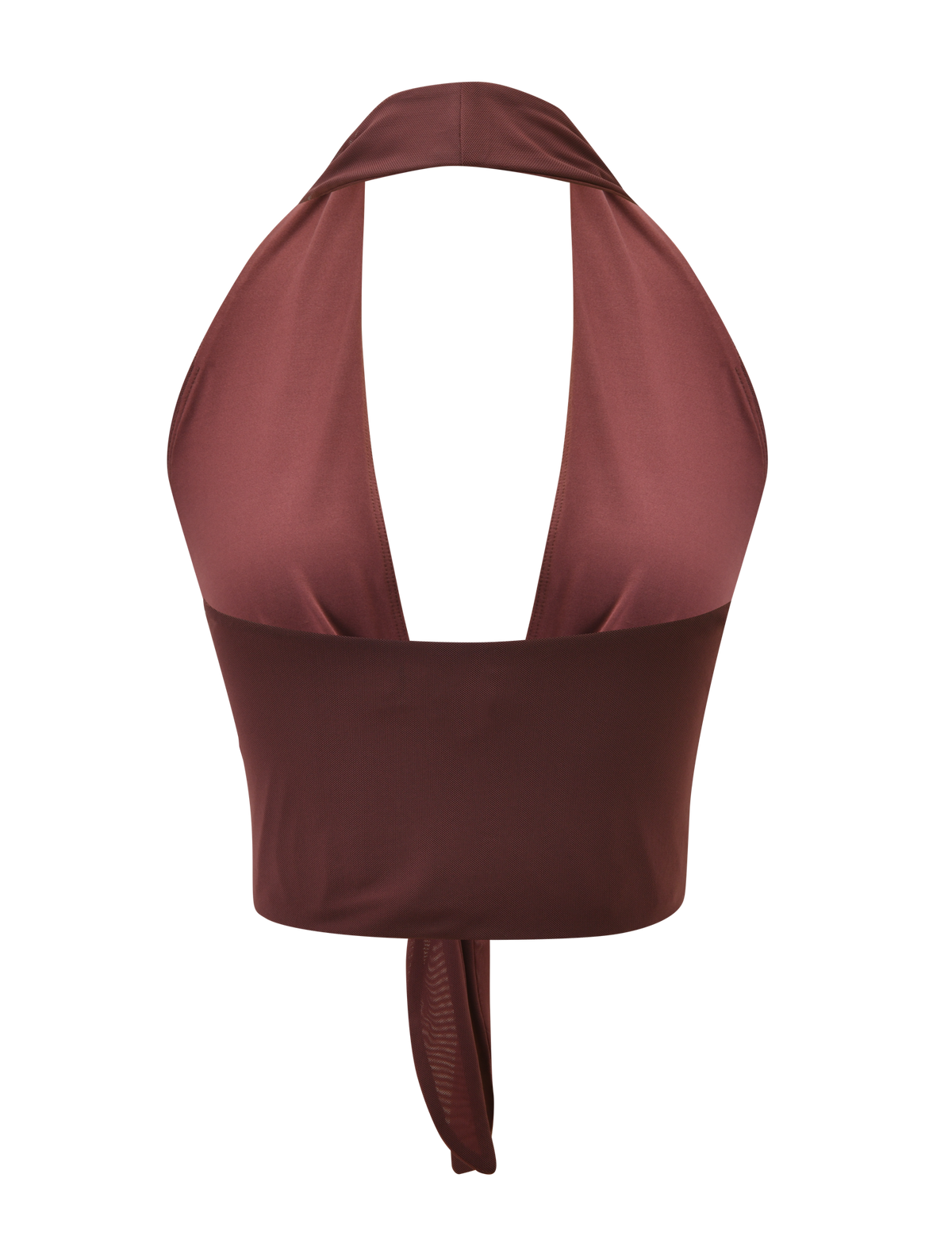 The GEORGIE DIAMANTE TOP by TIGERMIST is a sleeveless, chocolate halter top with wide back-tie straps, a plunging neckline, cropped fit, and diamante detailing for a romantic touch. The fabric features a subtle sheen.