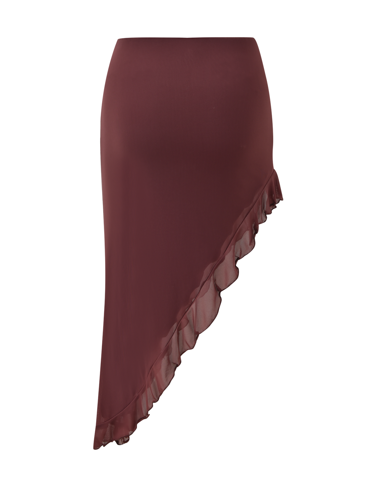 The TIGERMIST GEORGIE DIAMANTE HI LO SKIRT in chocolate is a high-waisted midi skirt with an asymmetrical hem and ruffled edge, shown on a plain white background.