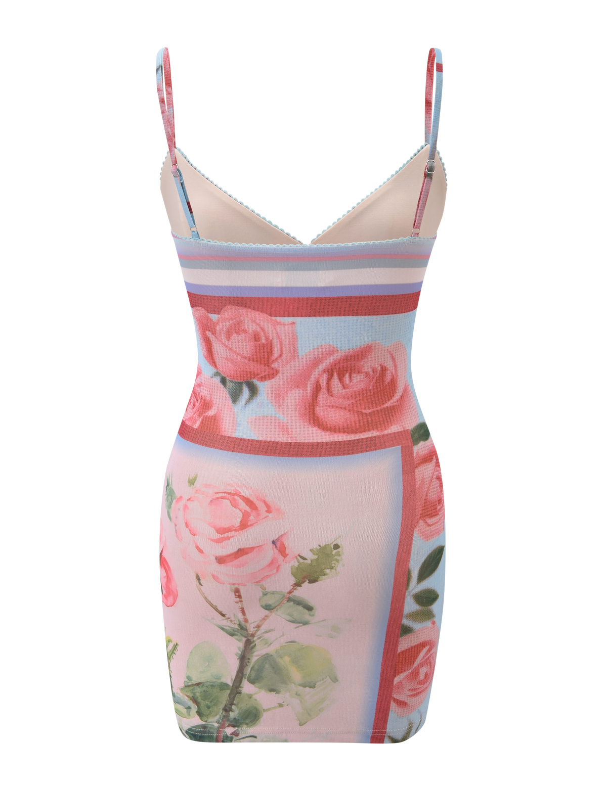 The TIGERMIST JULIANNA MINI DRESS - POSTCARD FLORAL is a sleeveless, fitted mini dress with thin straps, featuring a pink rose print and bordered square patterns in soft pink, blue, and lavender tones.