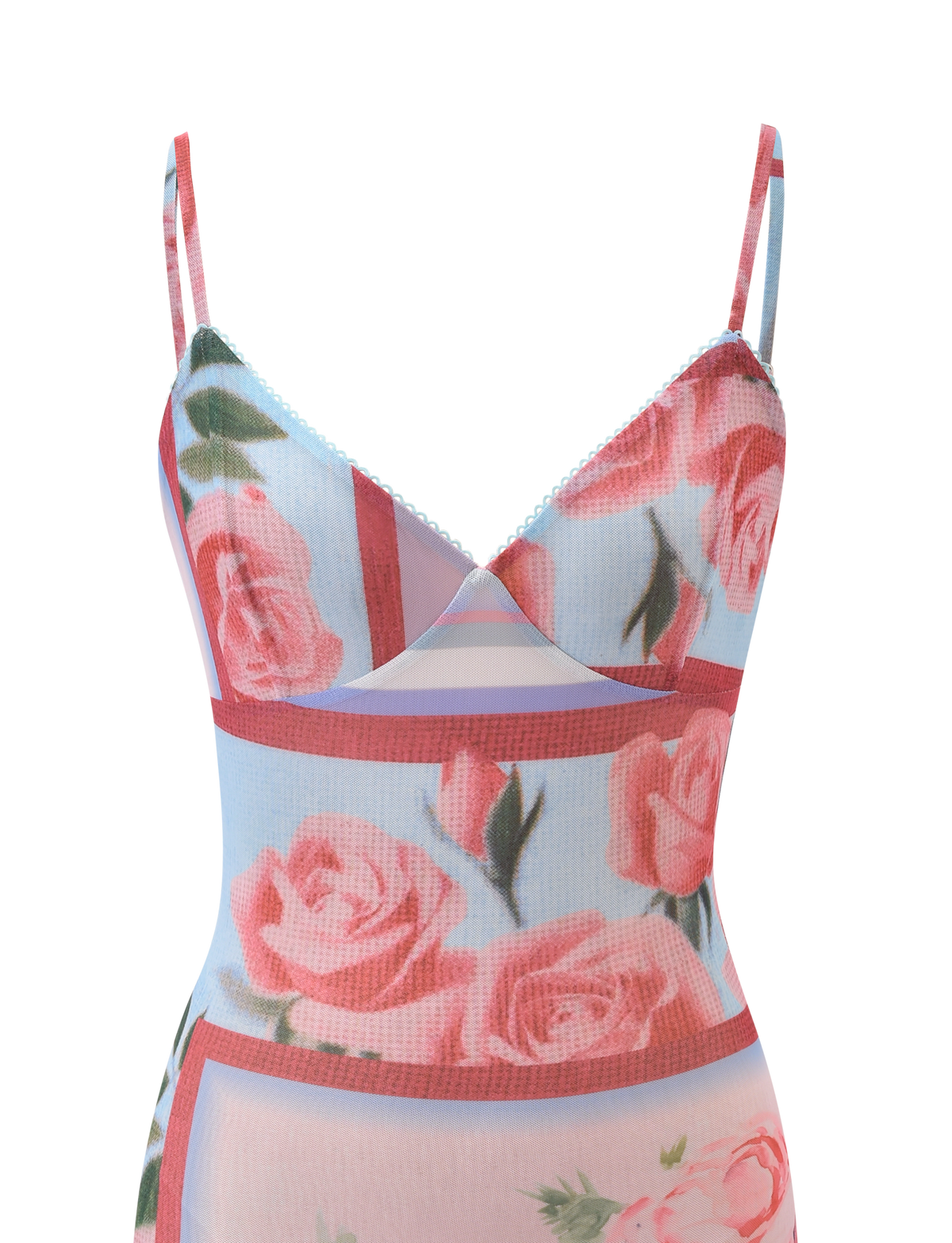 The TIGERMIST JULIANNA MINI DRESS - POSTCARD FLORAL is a sleeveless, V-neck mini with thin straps, showcasing pink floral mesh on a light blue base with red and pink geometric lines for a charming, elegant look.