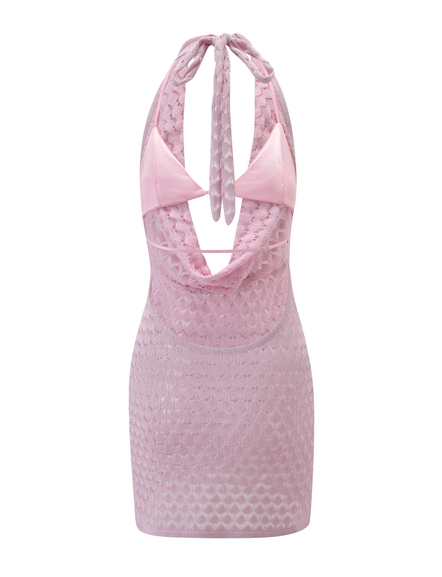 The MAKENZIE CROCHET MINI DRESS - SHIMMER PINK by TIGERMIST is a sleeveless mini dress featuring a light pink shimmer crochet design, sheer textured overlay, cowl neckline, adjustable tie halter neck, and open back.