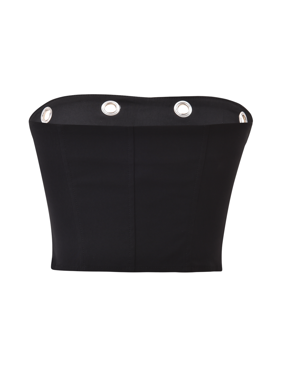 The MARREN CORSET - BLACK by TIGERMIST is a strapless black corset top with silver eyelet details, princess seams, and silver grommet accents along the upper edge, shown against a white background.