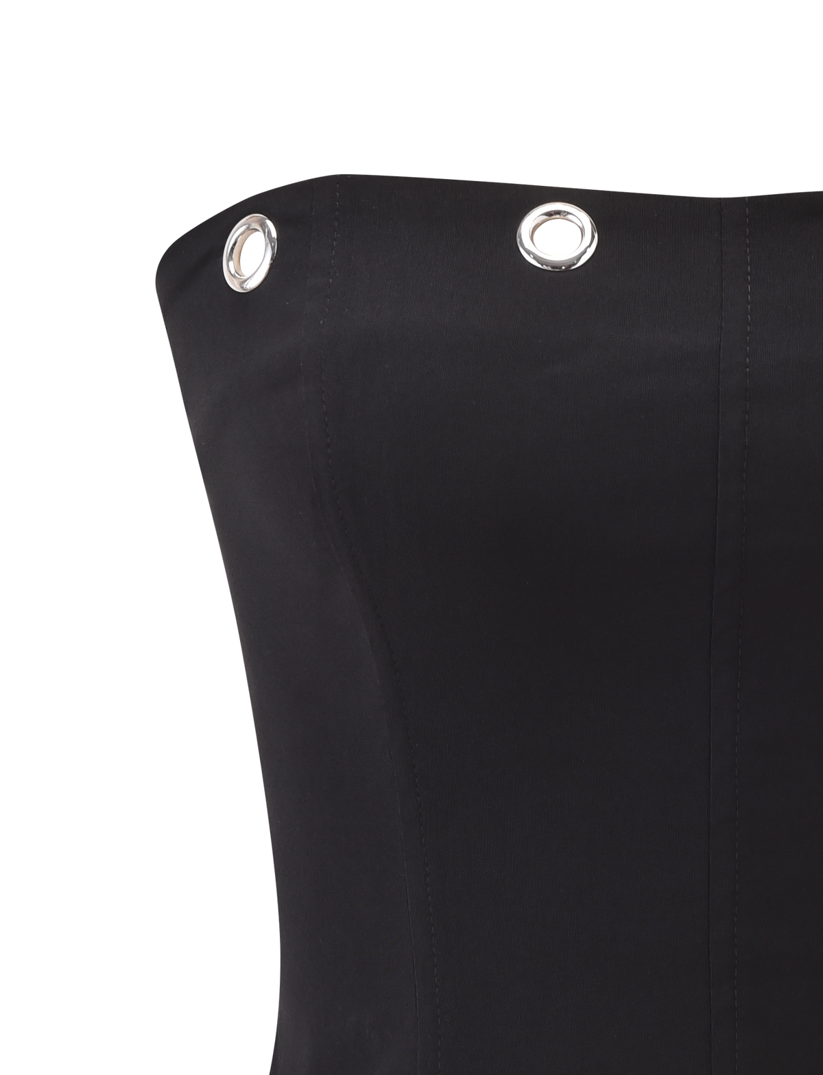 Close-up of the TIGERMIST MARREN CORSET - BLACK, a strapless design with silver eyelet detailing along the top edge, displayed against a plain white background.