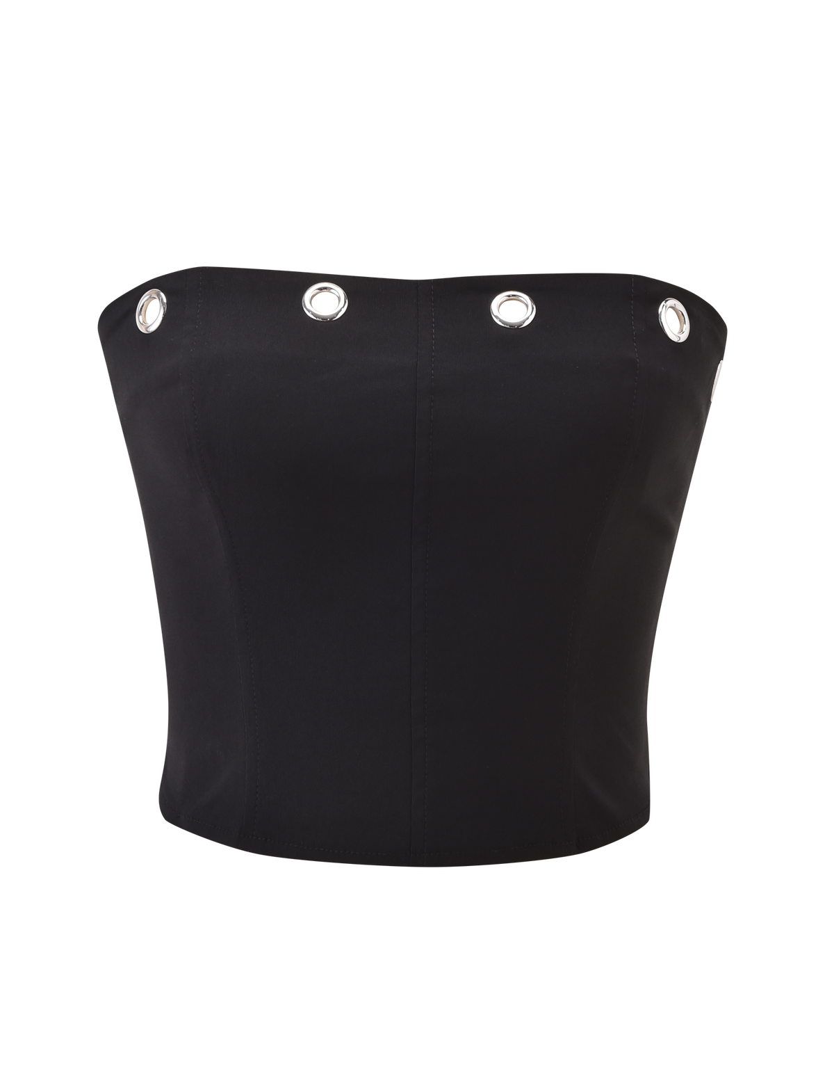 The MARREN CORSET - BLACK by TIGERMIST is a strapless black eyelet corset with princess seams and bold silver grommet details along the top, displayed on a plain white background.